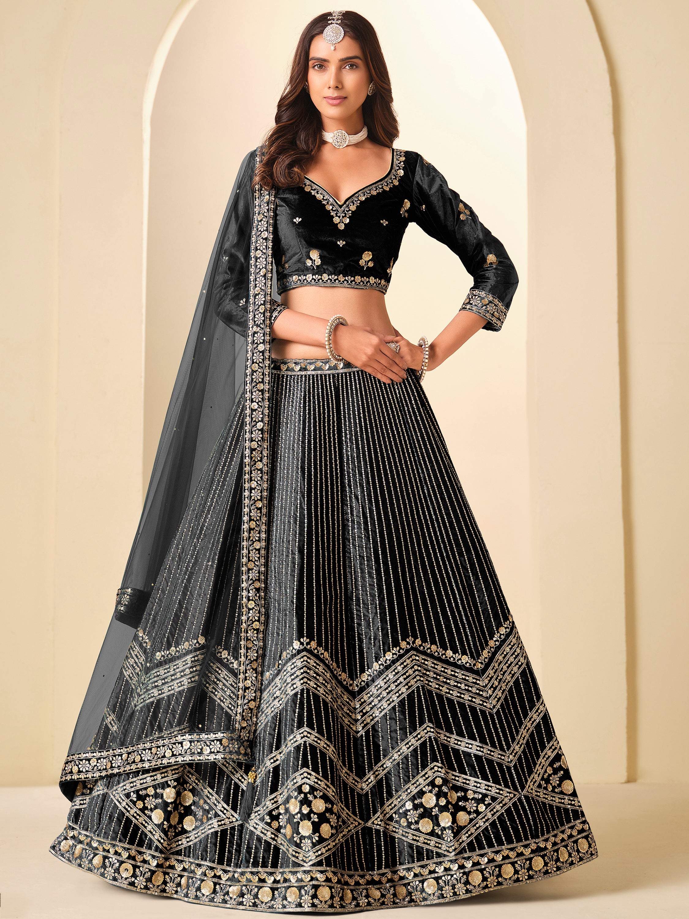 Glowing Black Sequins Velvet Evening Wear Lehenga Choli With Dupatta