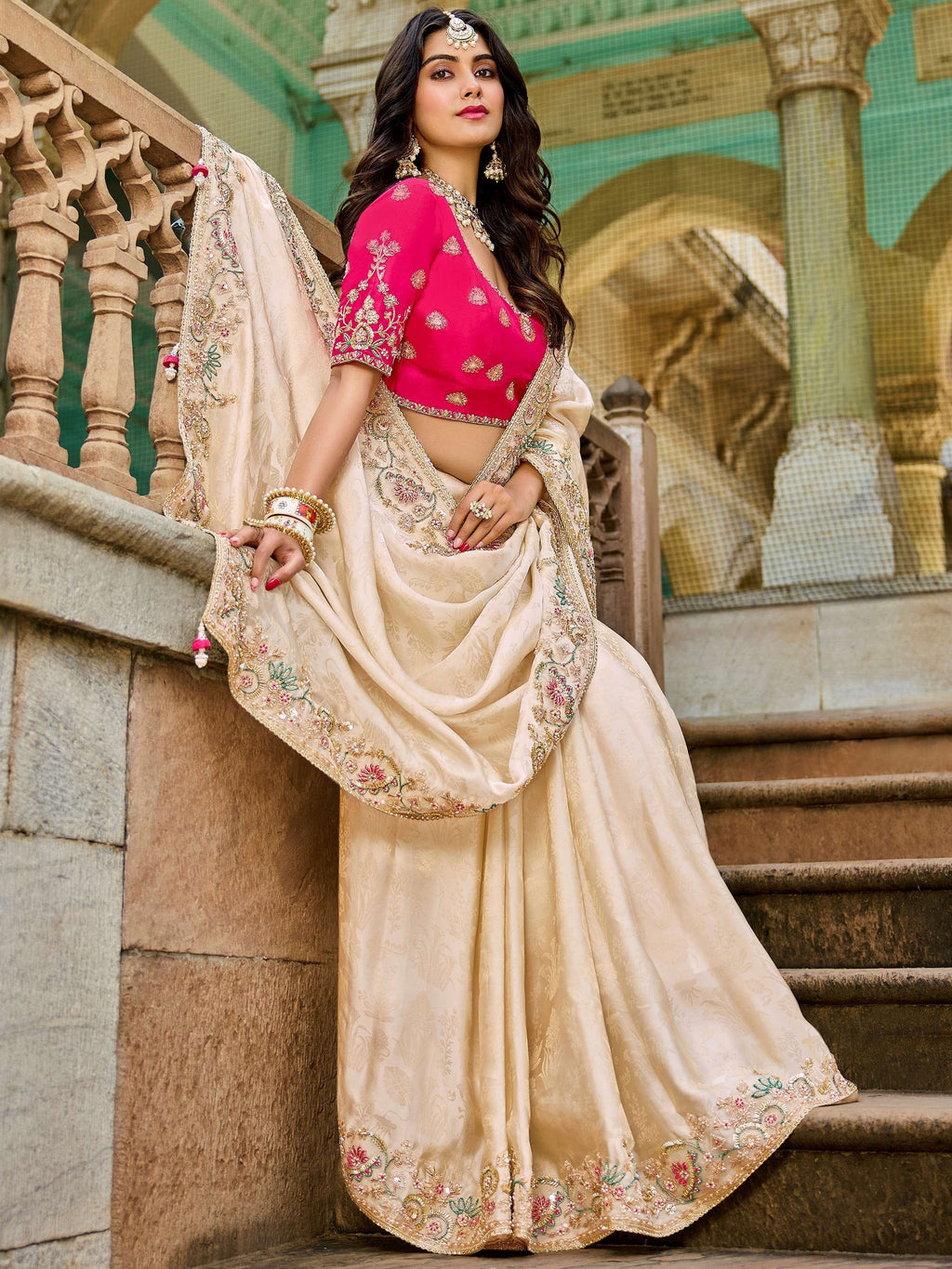 Outstanding Beige Embroidered Tissue Wedding Wear Saree With Blouse