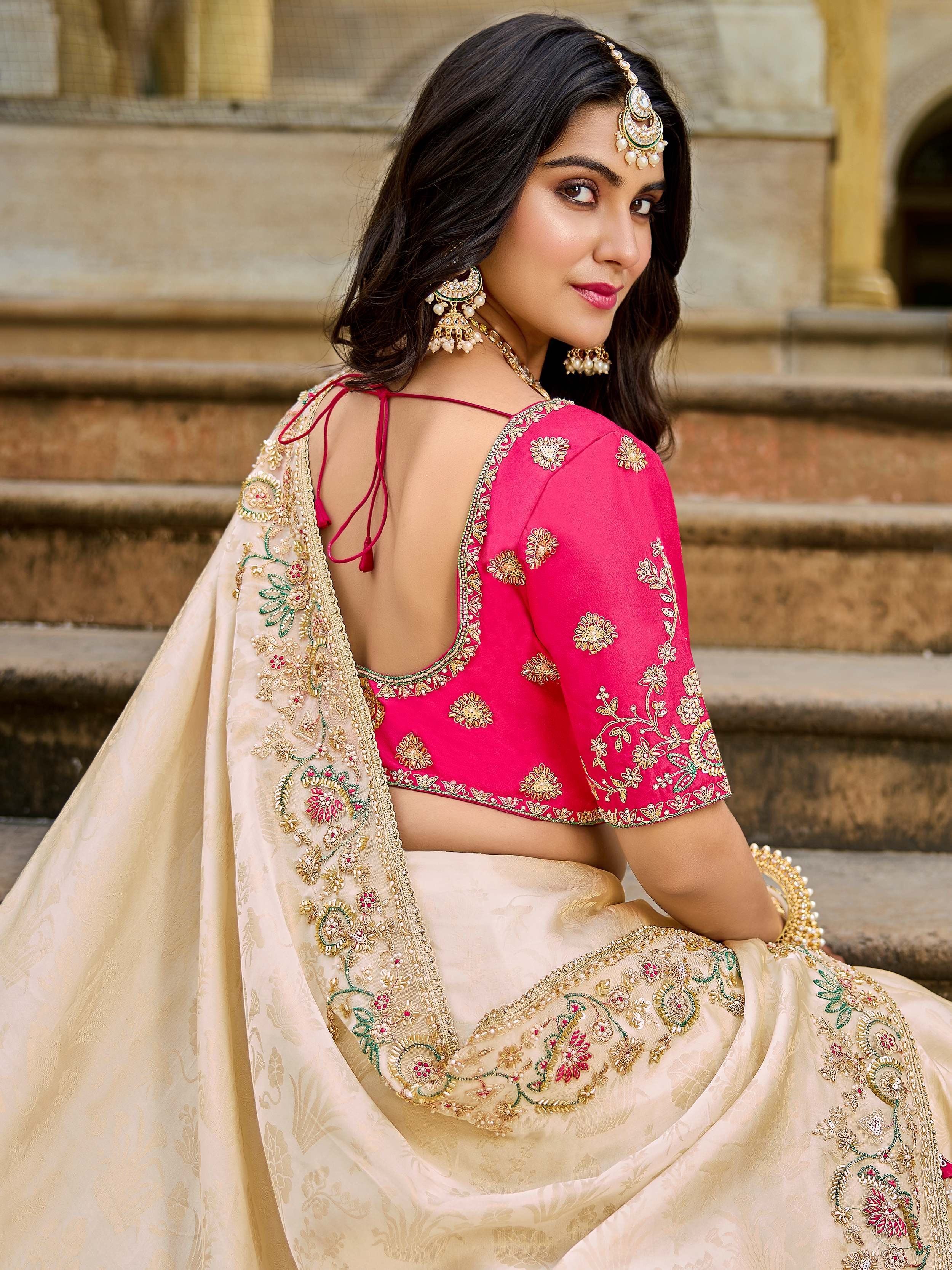 Outstanding Beige Embroidered Tissue Wedding Wear Saree With Blouse