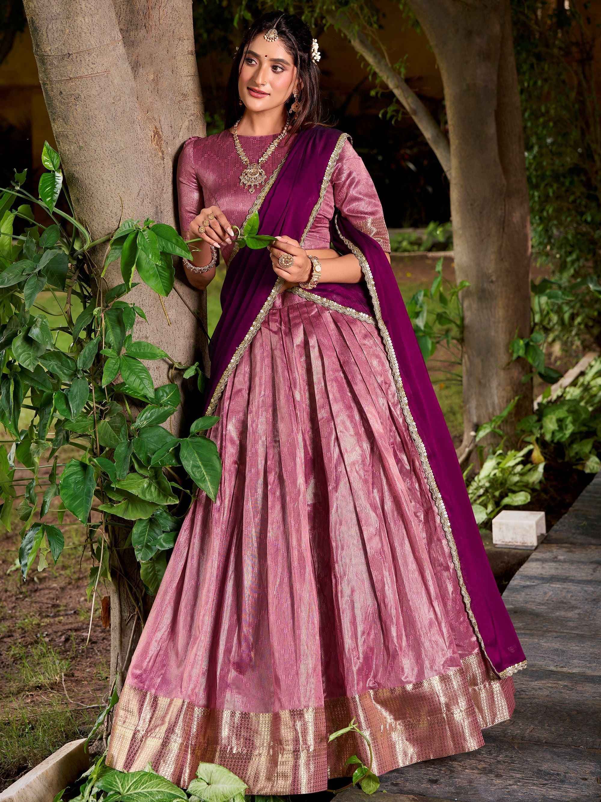 Pink Lovely Zari Weaving Silk Festive Wear Half Saree Lehenga Choli