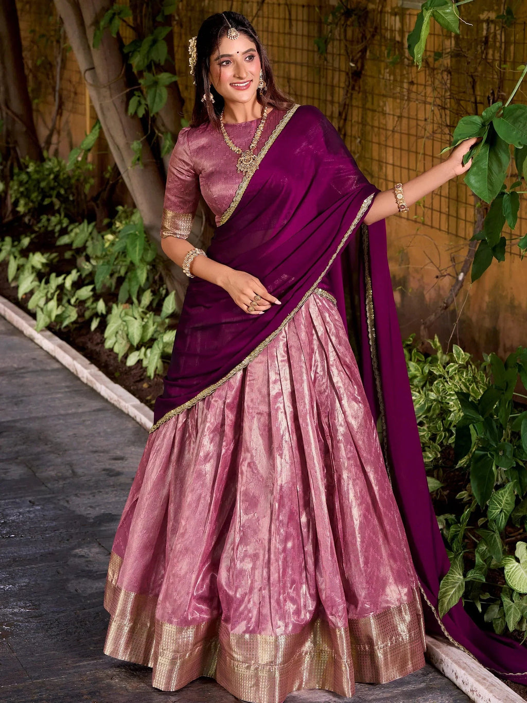 Pink Lovely Zari Weaving Silk Festive Wear Half Saree Lehenga Choli