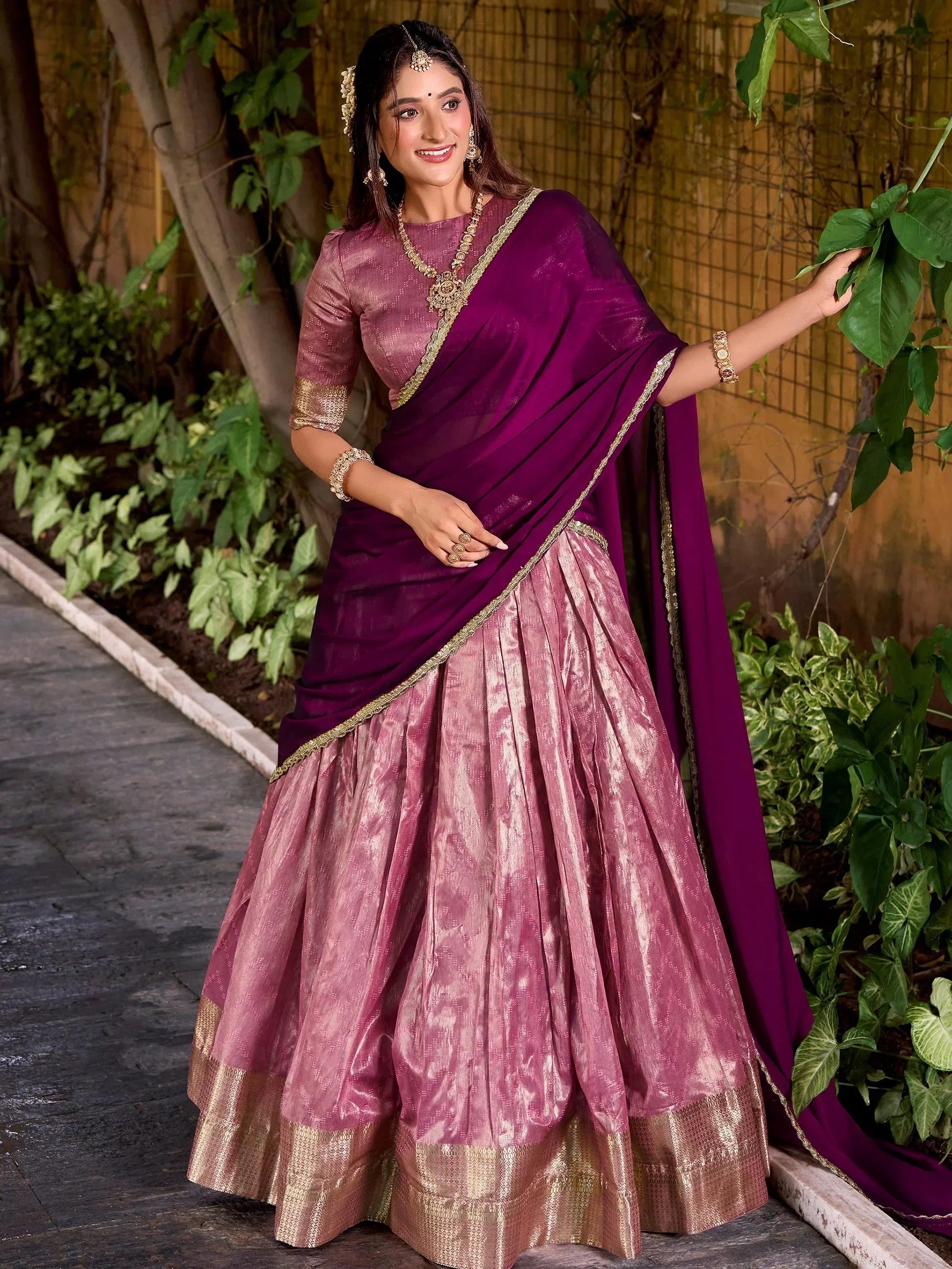 Pink Lovely Zari Weaving Silk Festive Wear Half Saree Lehenga Choli