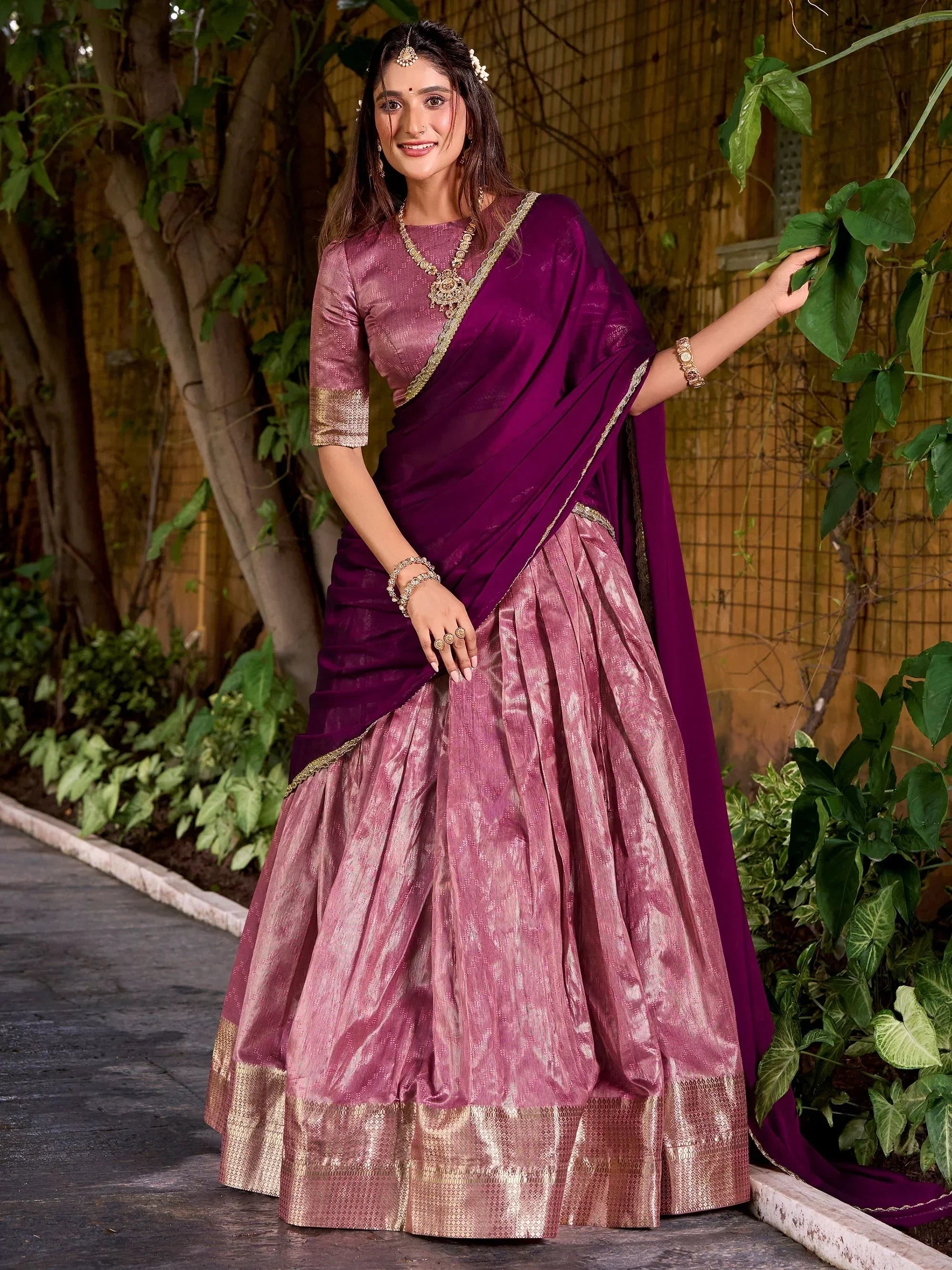 Pink Lovely Zari Weaving Silk Festive Wear Half Saree Lehenga Choli