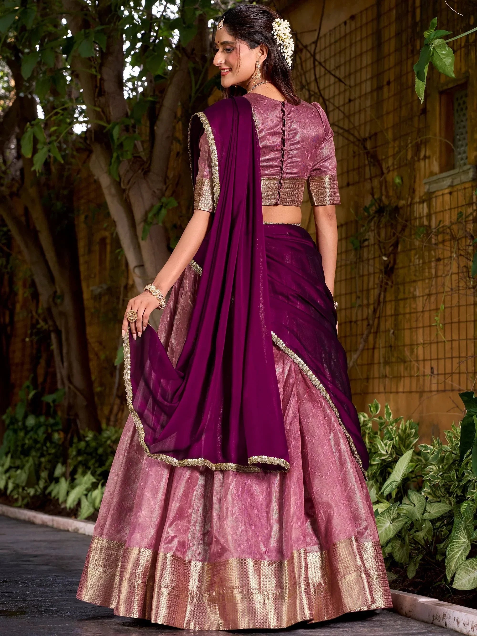 Pink Lovely Zari Weaving Silk Festive Wear Half Saree Lehenga Choli
