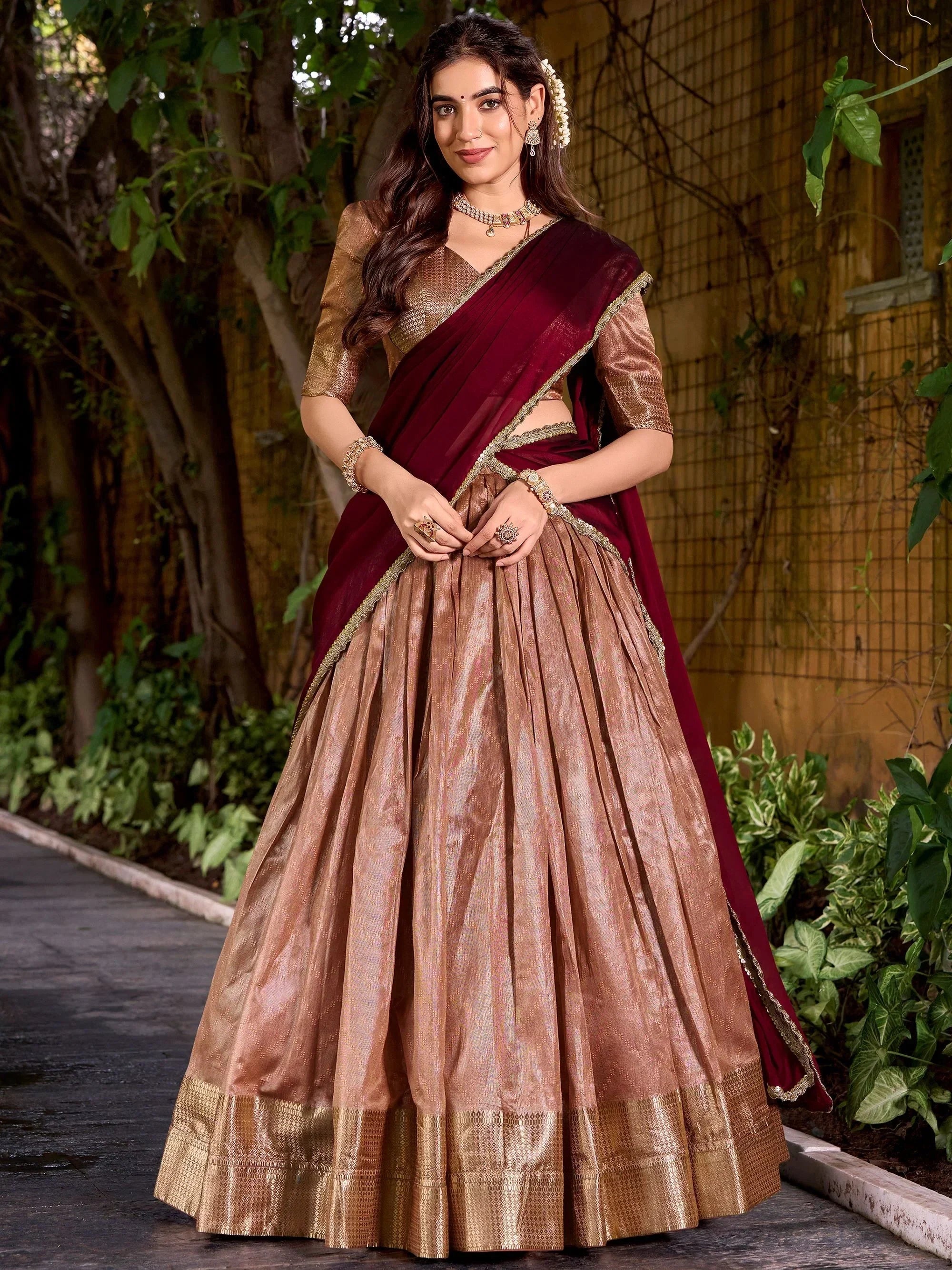 Peach Lovely Zari Weaving Silk Festive Wear Half Saree Lehenga Choli