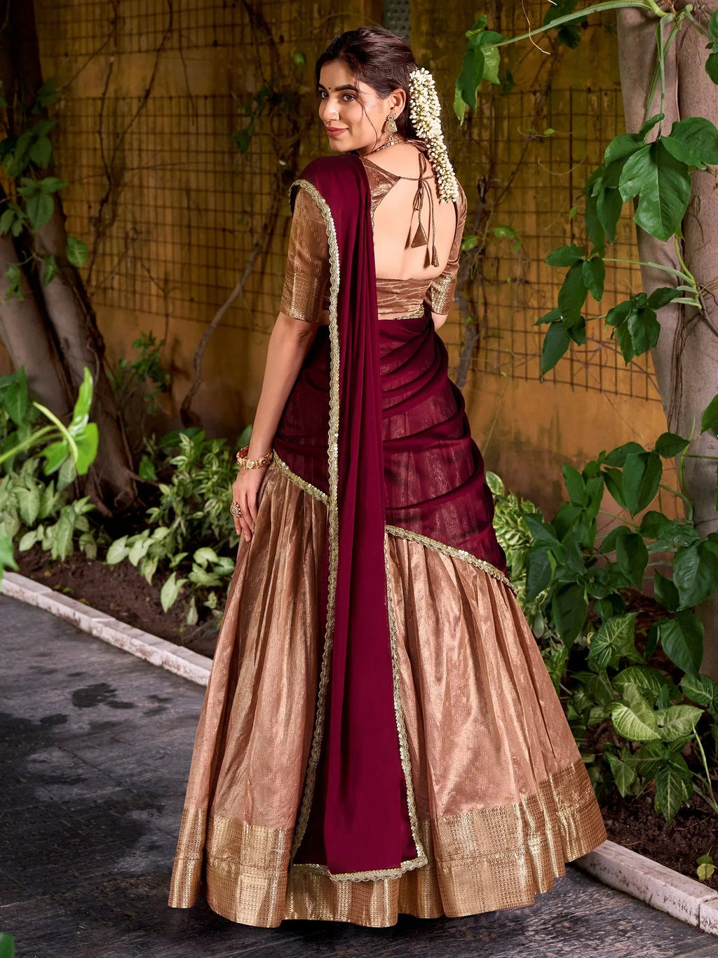 Peach Lovely Zari Weaving Silk Festive Wear Half Saree Lehenga Choli