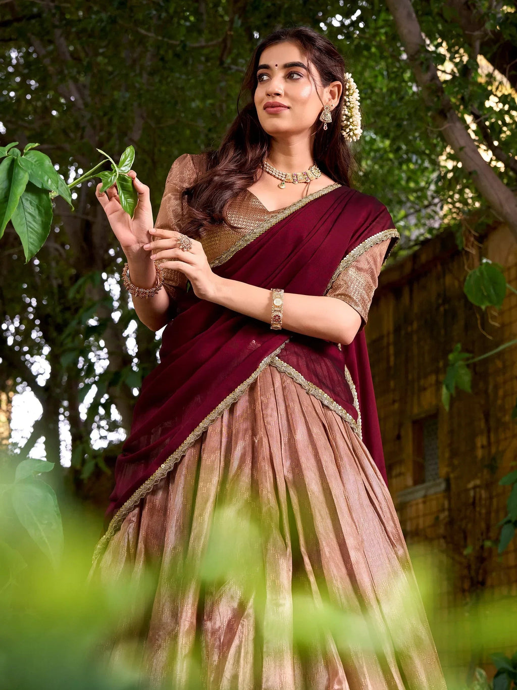 Peach Lovely Zari Weaving Silk Festive Wear Half Saree Lehenga Choli