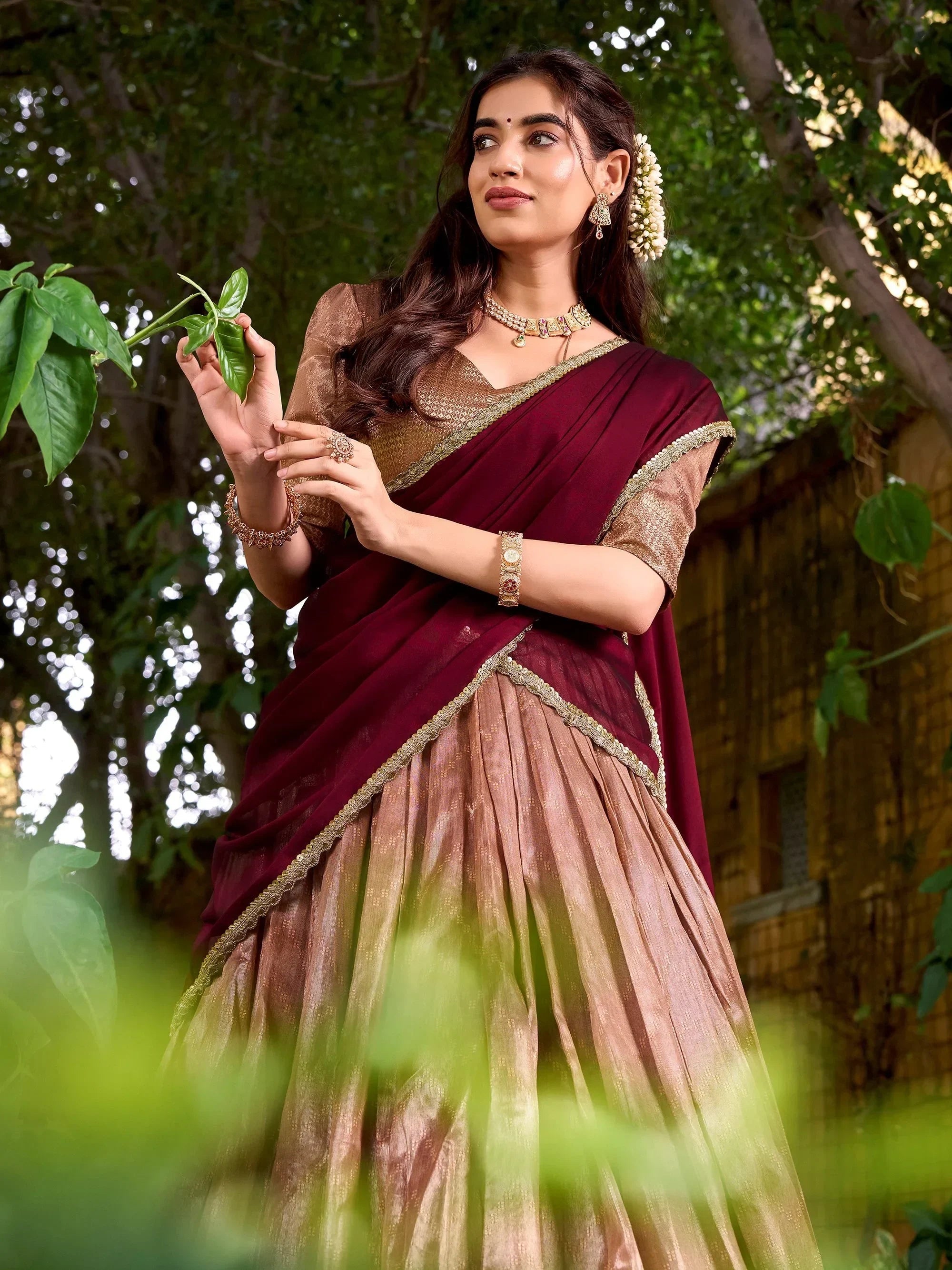 Peach Lovely Zari Weaving Silk Festive Wear Half Saree Lehenga Choli
