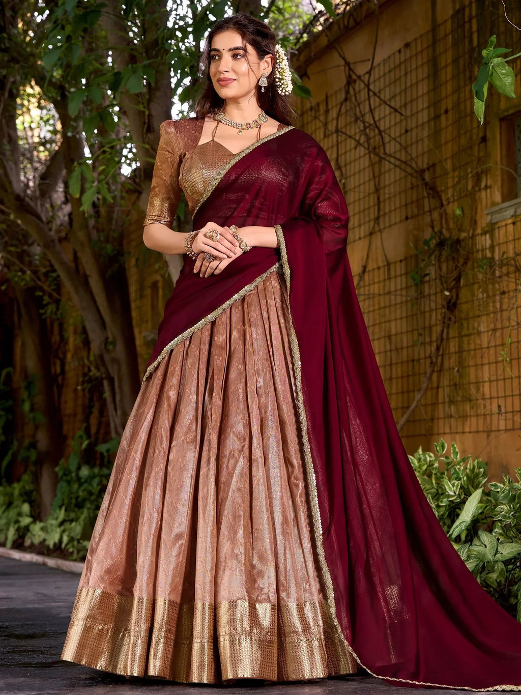 Peach Lovely Zari Weaving Silk Festive Wear Half Saree Lehenga Choli