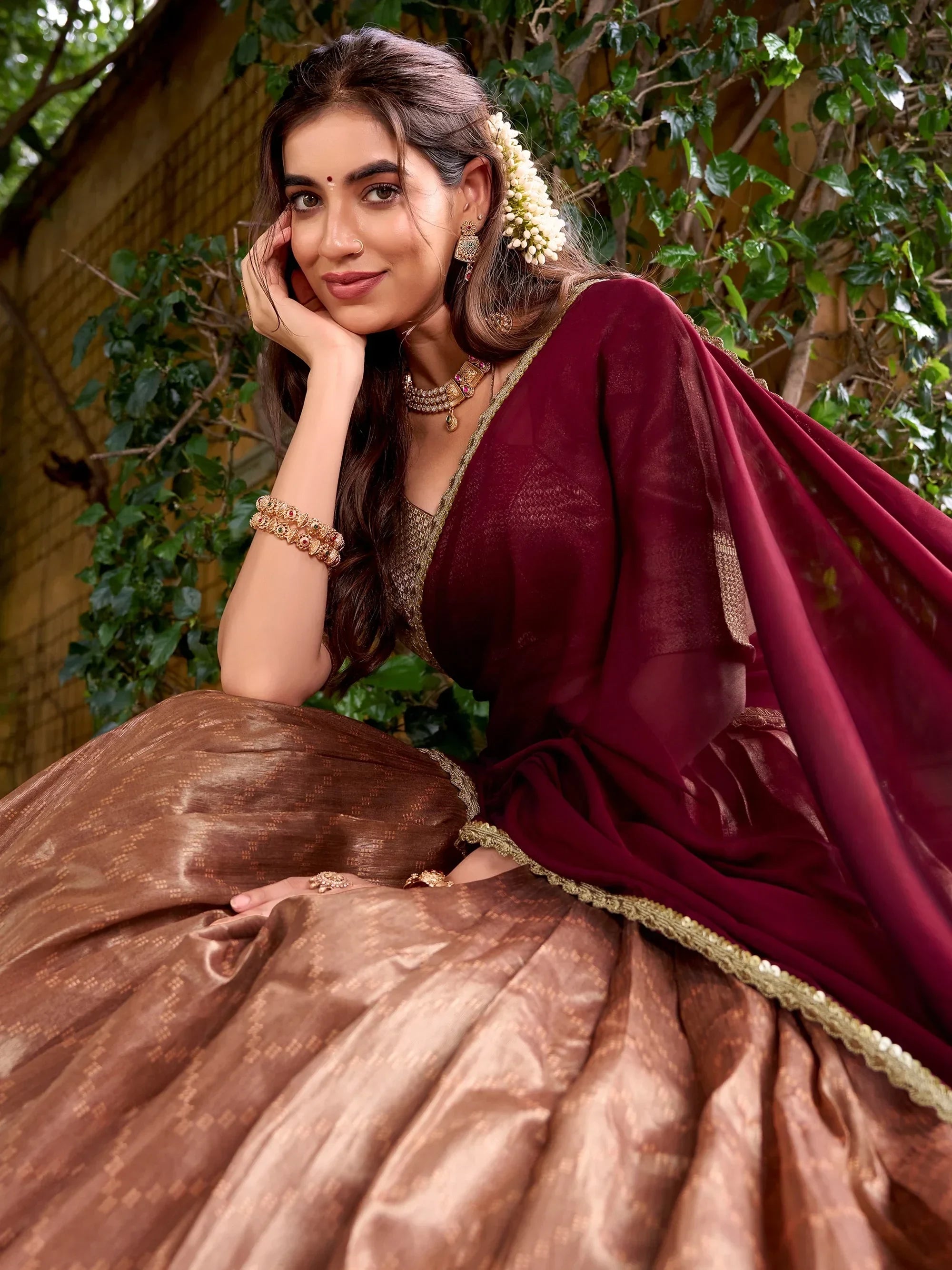 Peach Lovely Zari Weaving Silk Festive Wear Half Saree Lehenga Choli