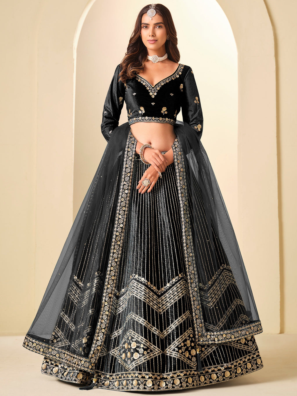 Glowing Black Sequins Velvet Evening Wear Lehenga Choli With Dupatta