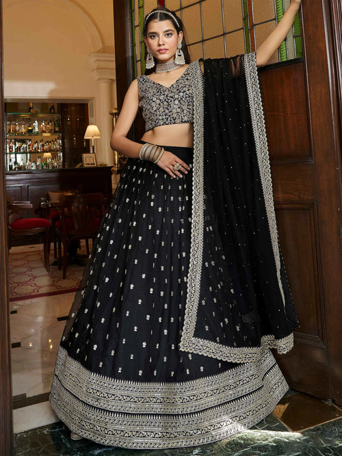 Awesome Black Embroidered Net Reception Wear Plus Size Lehenga Choli