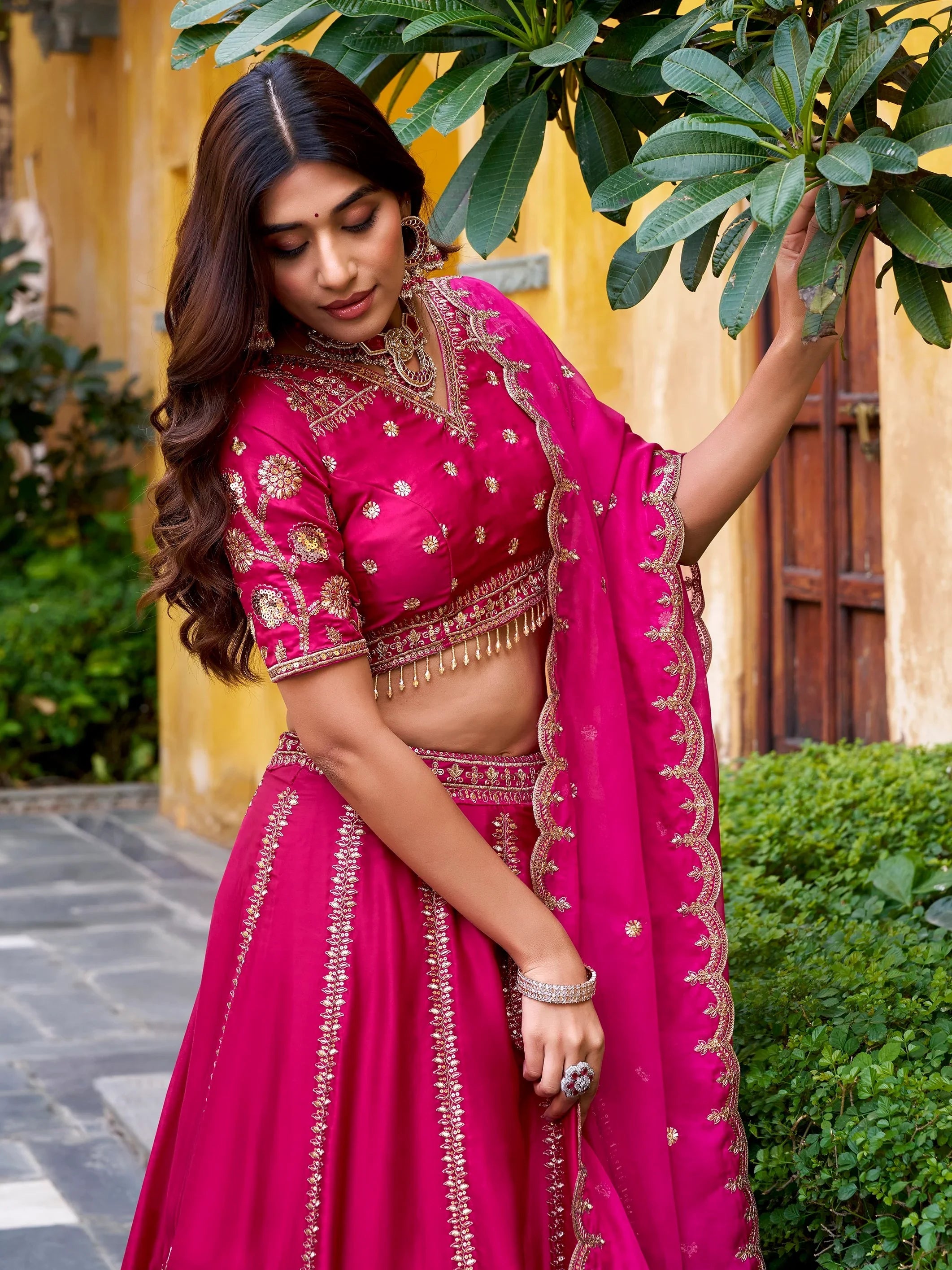 Wonderful Rani Pink Sequins Silk Bridesmaid Lehenga Choli With Dupatta