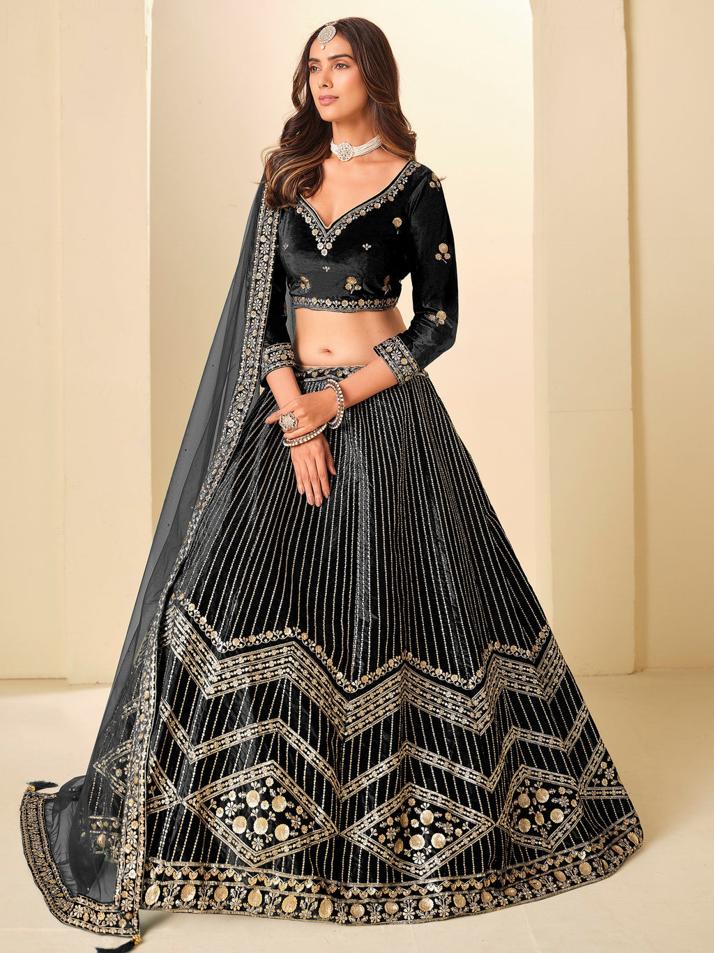 Glowing Black Sequins Velvet Evening Wear Lehenga Choli With Dupatta