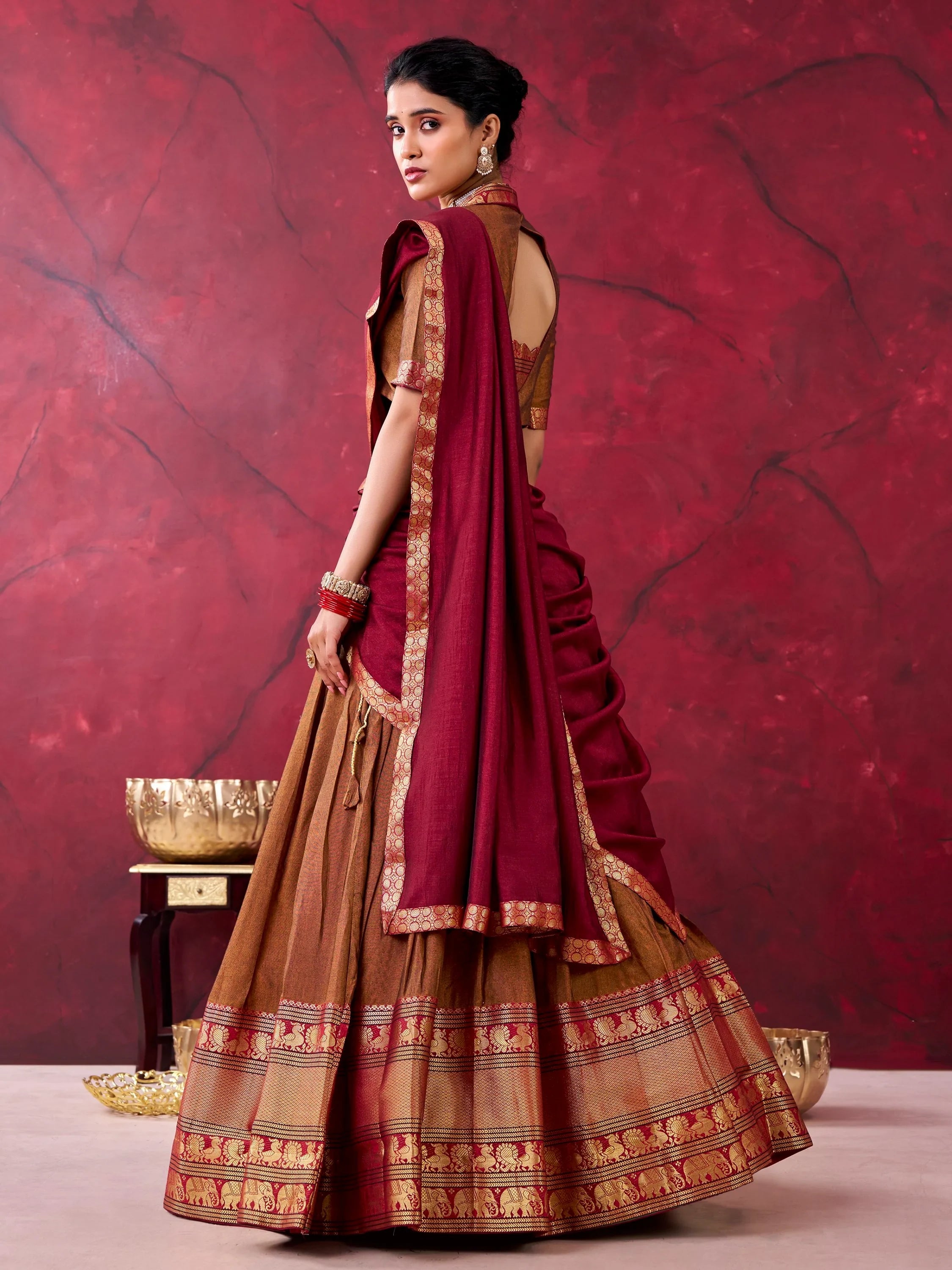 Brown Great Zari Weaving Cotton Festive Wear Half Saree Lehenga