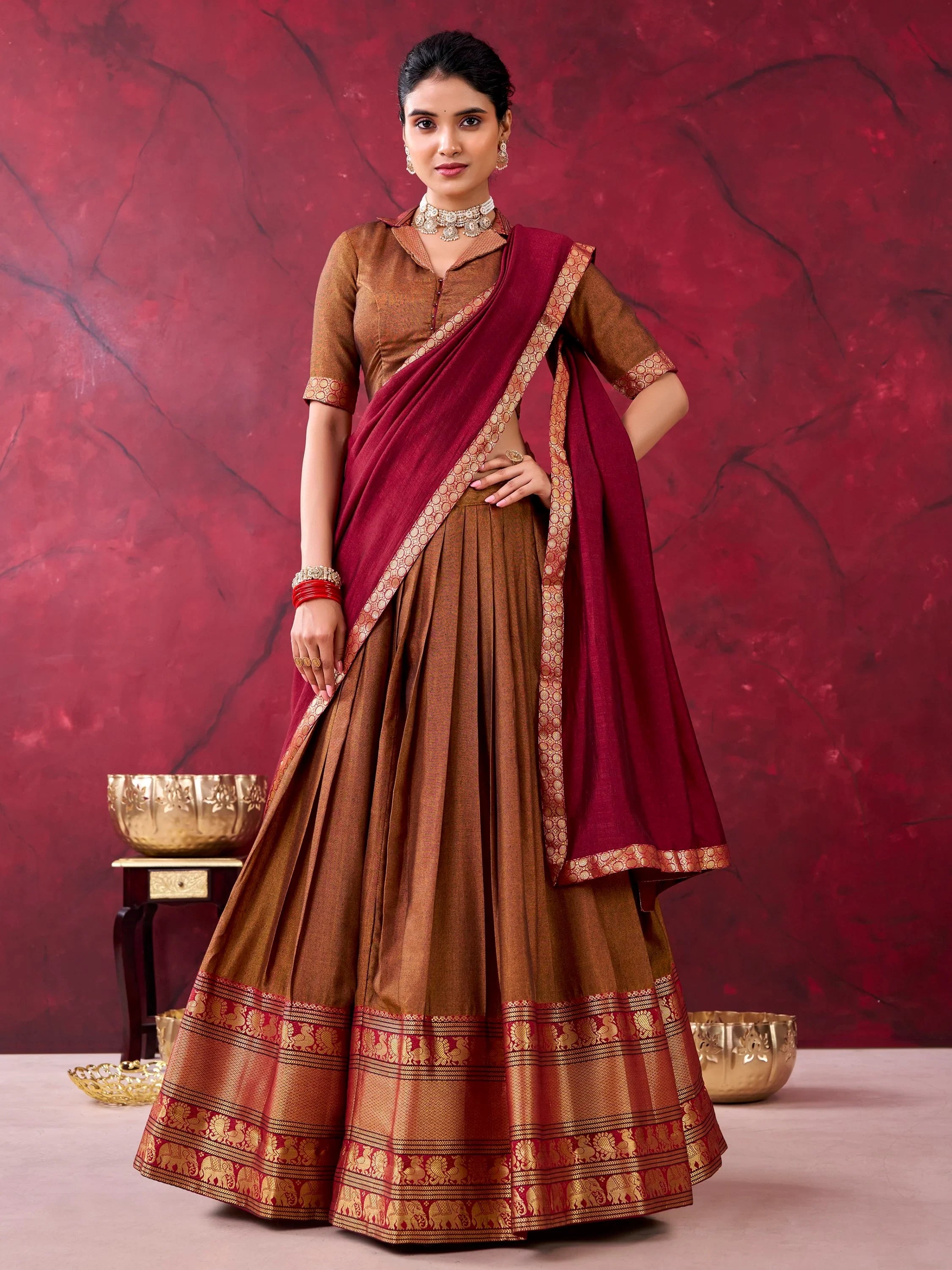Brown Great Zari Weaving Cotton Festive Wear Half Saree Lehenga
