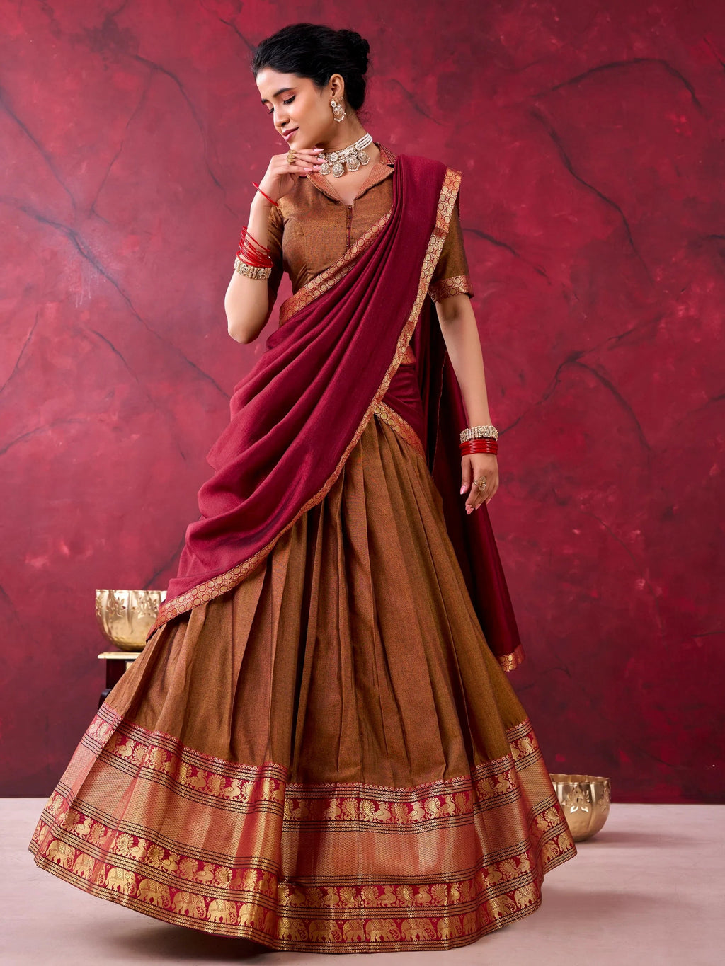 Brown Great Zari Weaving Cotton Festive Wear Half Saree Lehenga