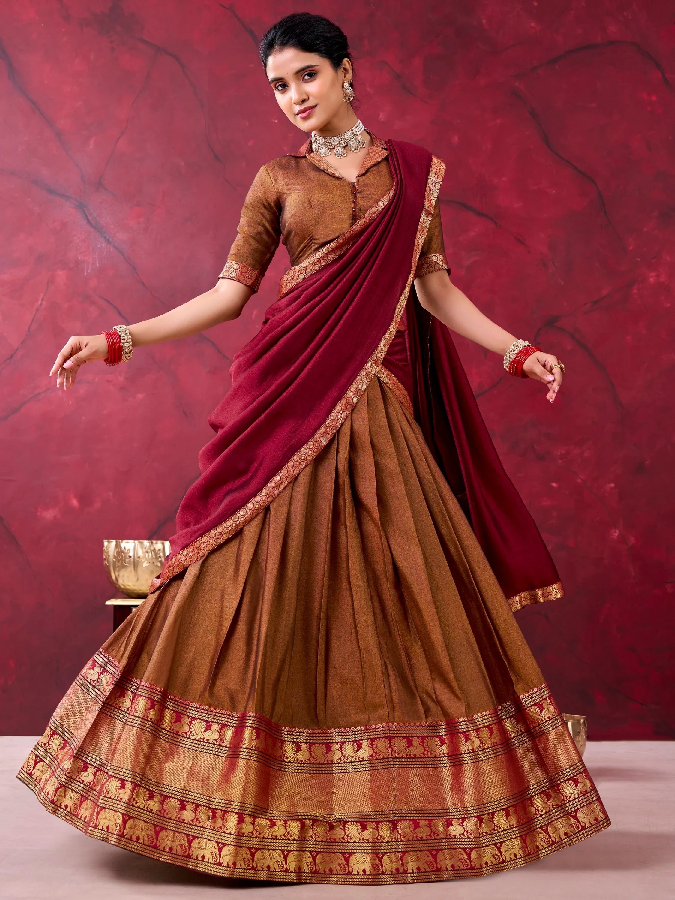 Brown Great Zari Weaving Cotton Festive Wear Half Saree Lehenga