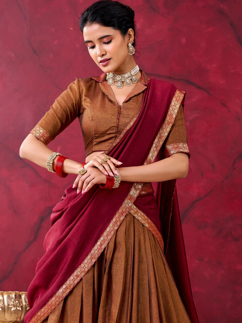 Brown Great Zari Weaving Cotton Festive Wear Half Saree Lehenga