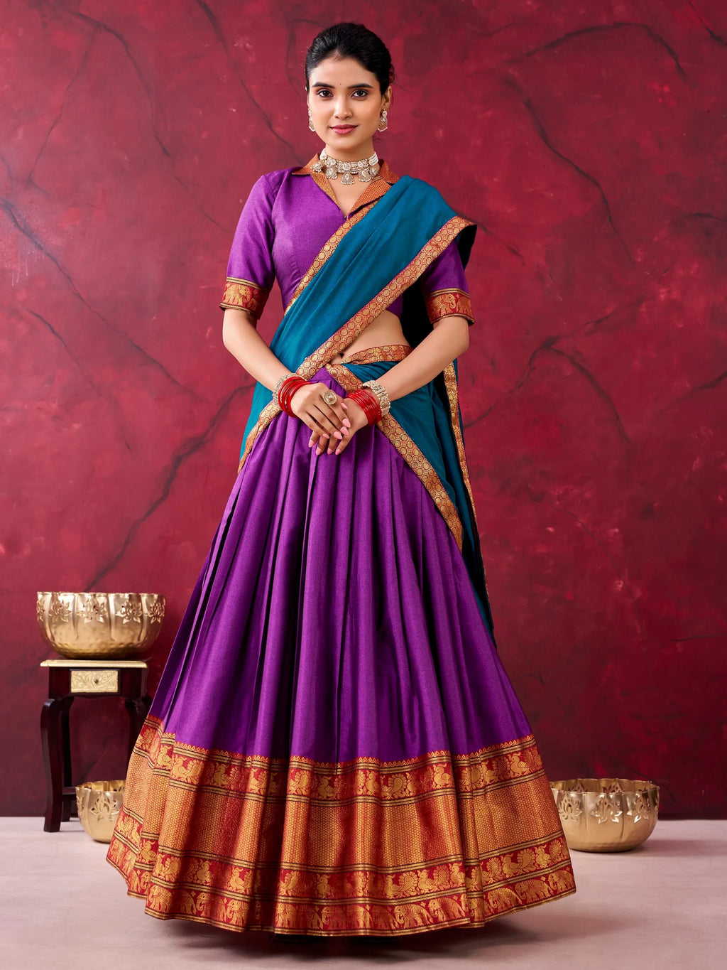 Purple Great Zari Weaving Cotton Festive Wear Half Saree Lehenga