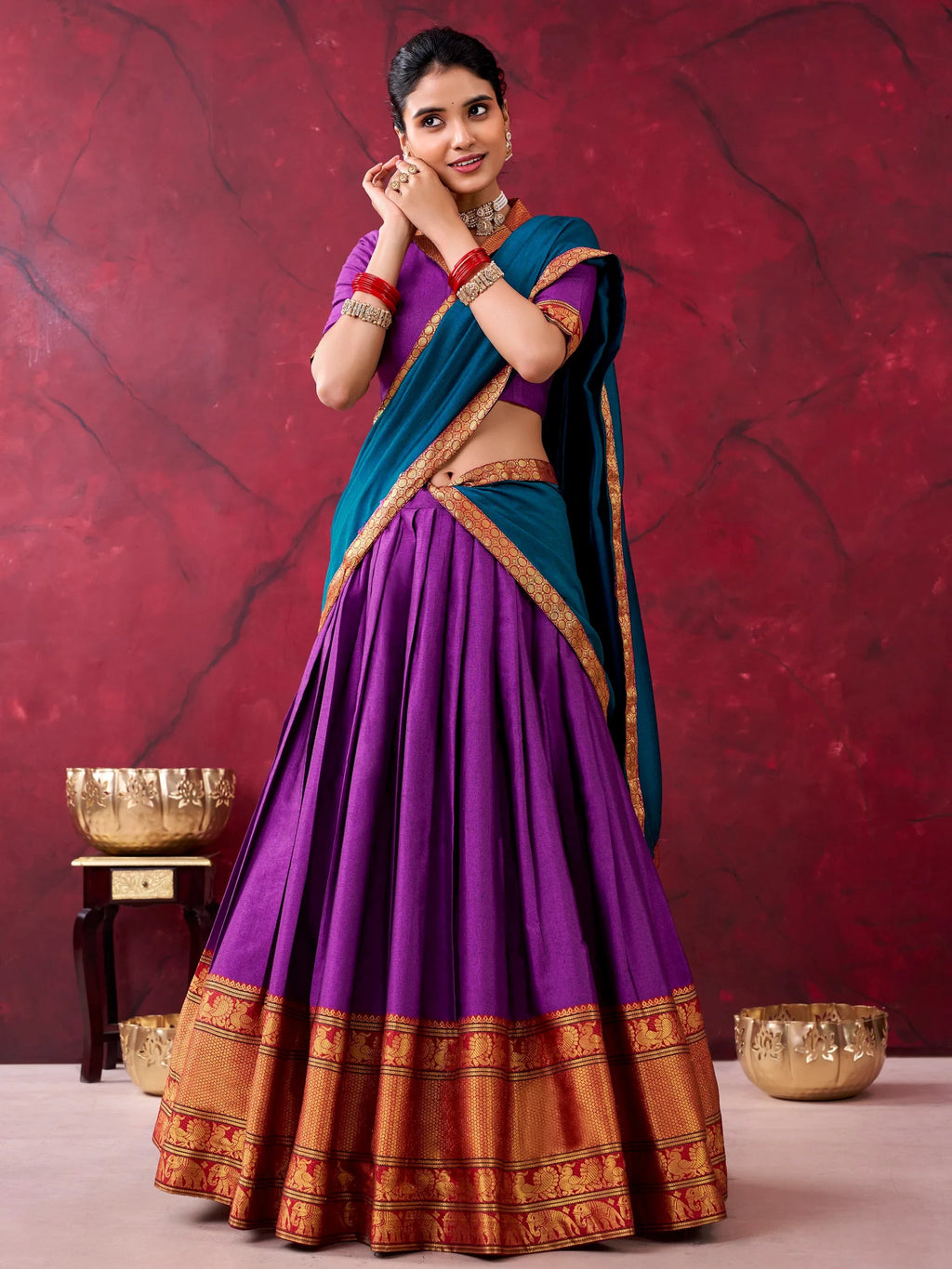 Purple Great Zari Weaving Cotton Festive Wear Half Saree Lehenga