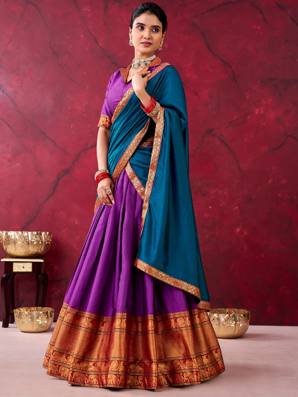 Purple Great Zari Weaving Cotton Festive Wear Half Saree Lehenga