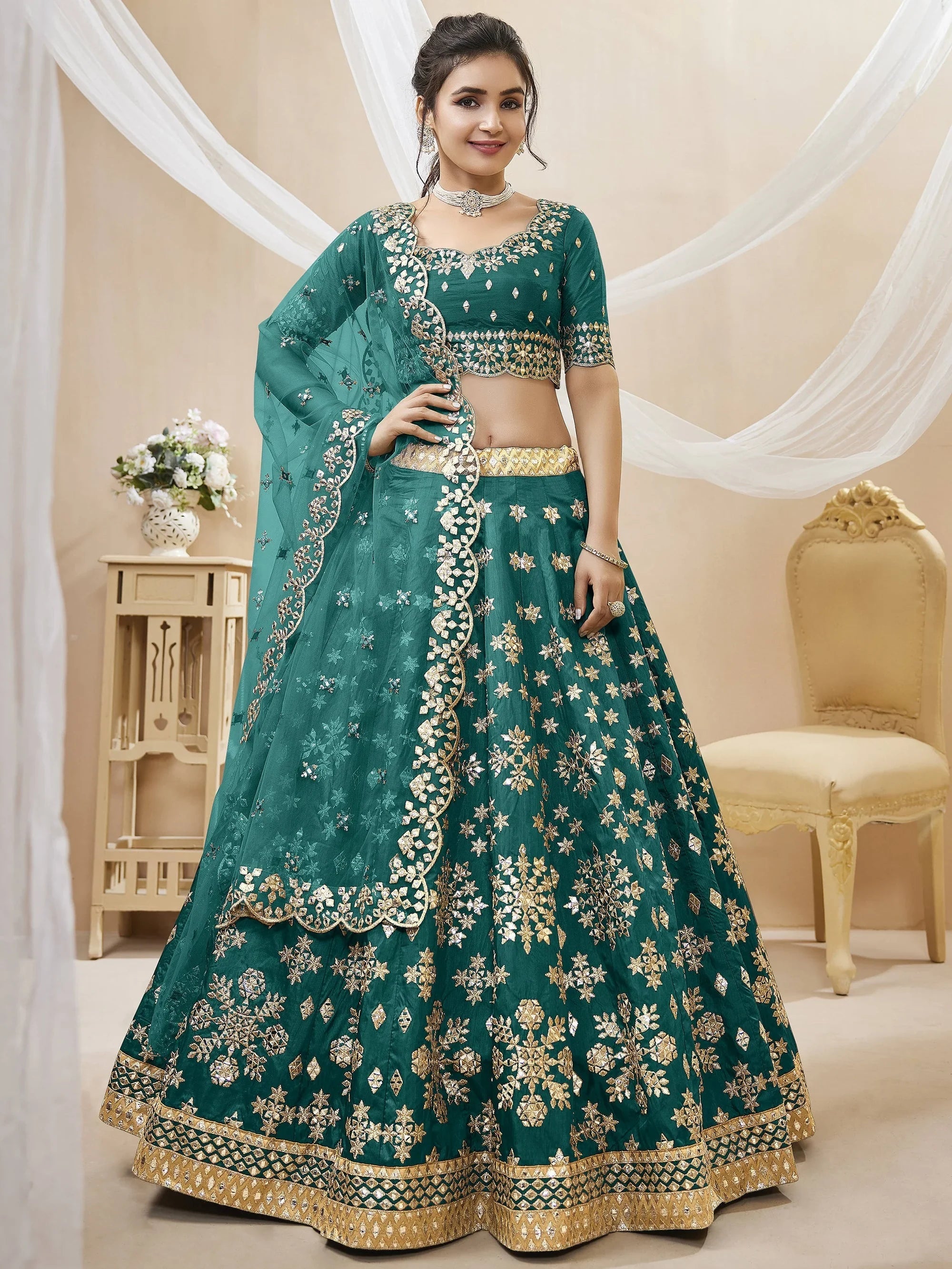 Green Spectacular Zari Work Art Silk Bridesmaid Lehenga Choli