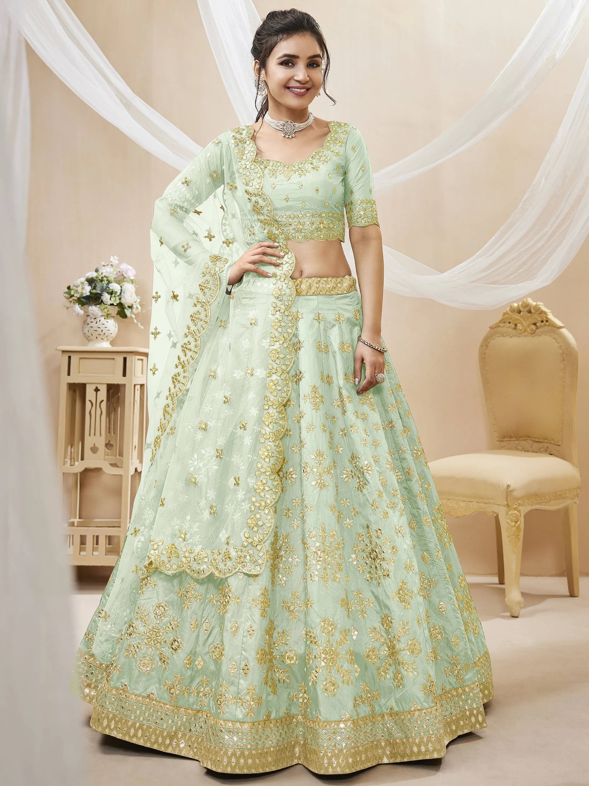 Green Pista Embroidered Art Silk Reception Wear Lehenga Choli