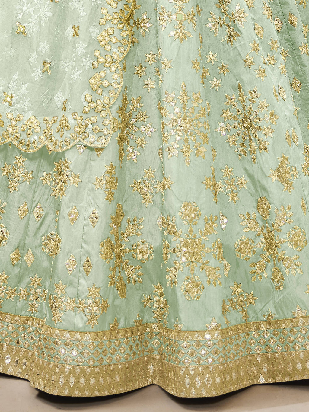 Green Pista Embroidered Art Silk Reception Wear Lehenga Choli
