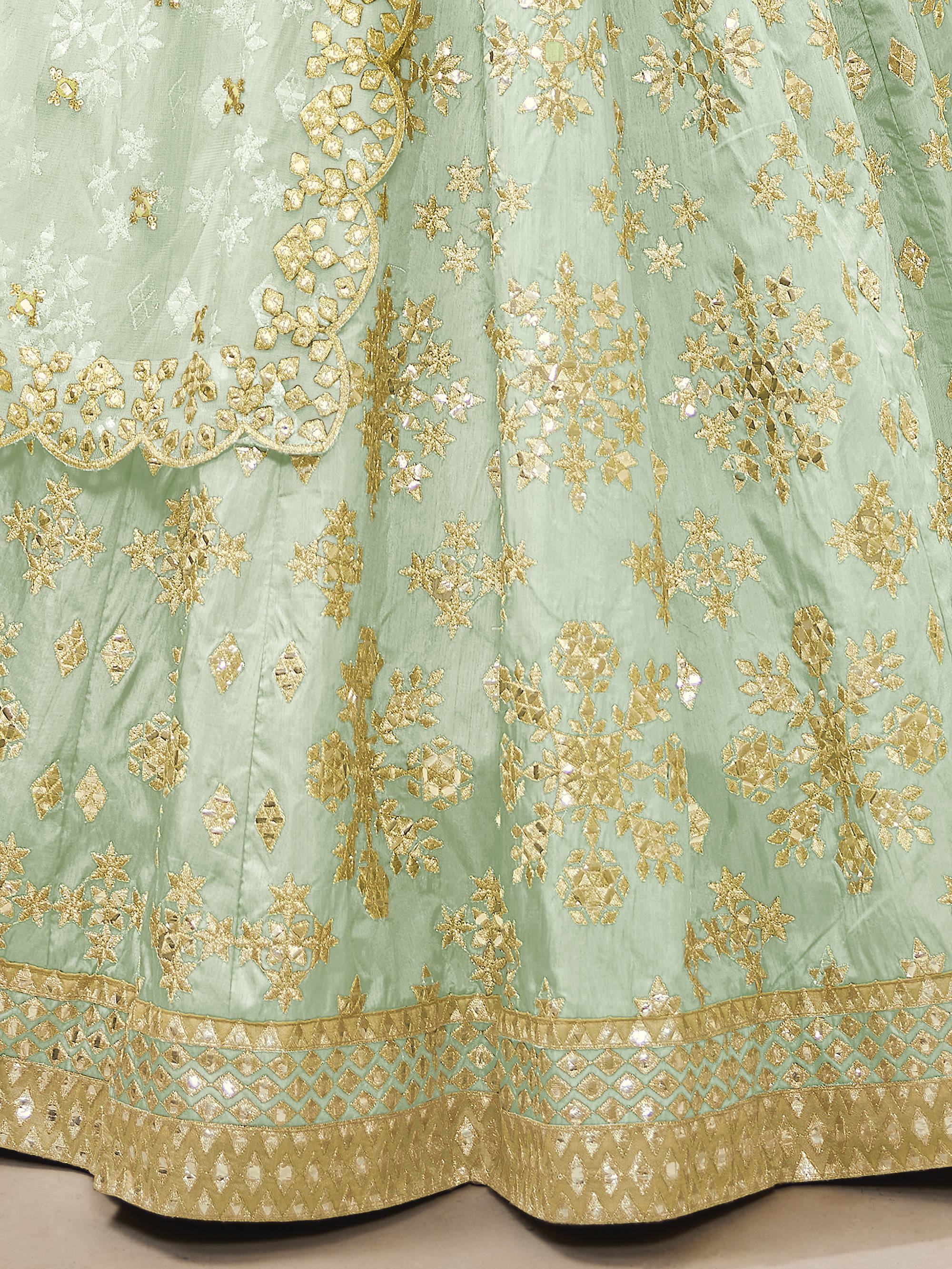 Green Pista Embroidered Art Silk Reception Wear Lehenga Choli