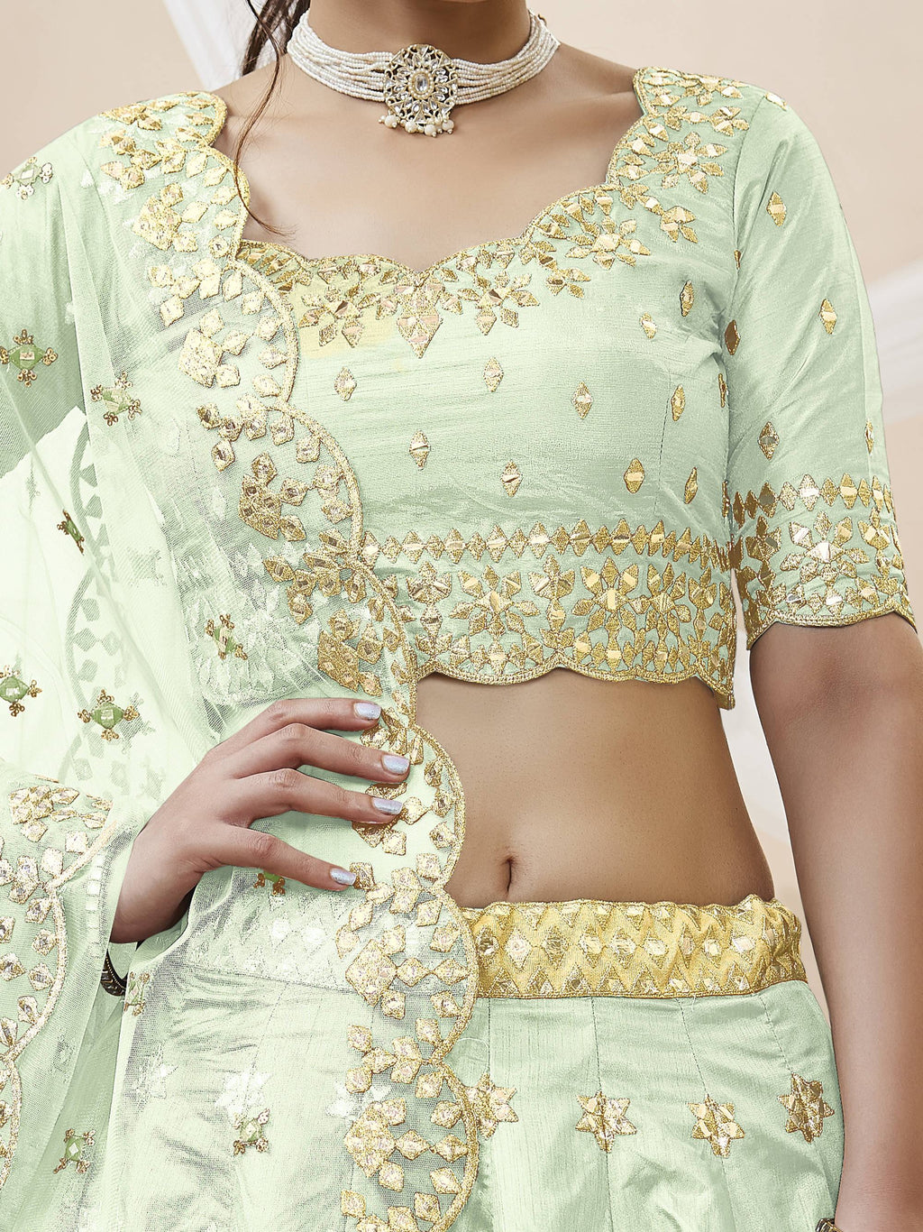 Green Pista Embroidered Art Silk Reception Wear Lehenga Choli