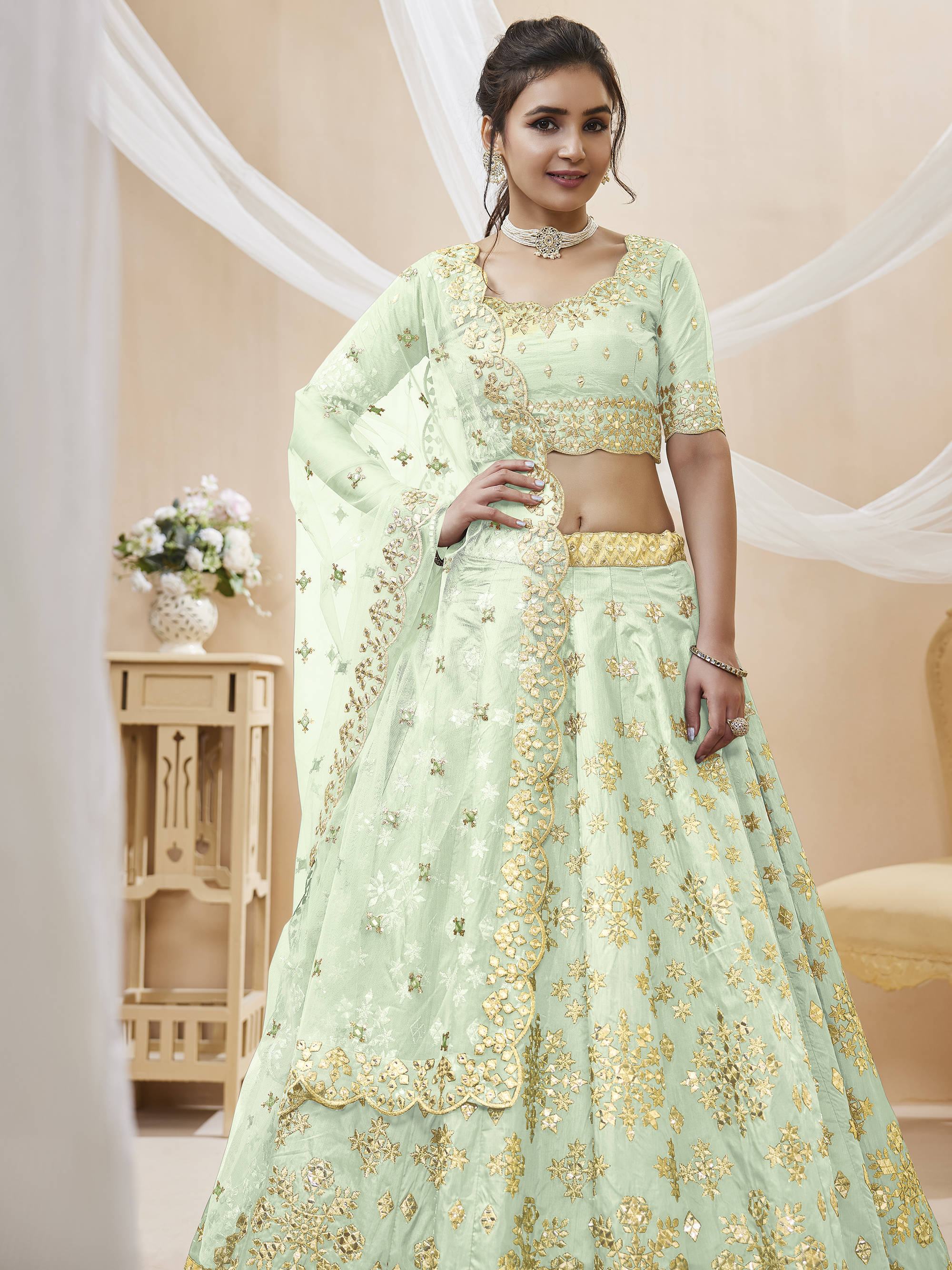 Green Pista Embroidered Art Silk Reception Wear Lehenga Choli