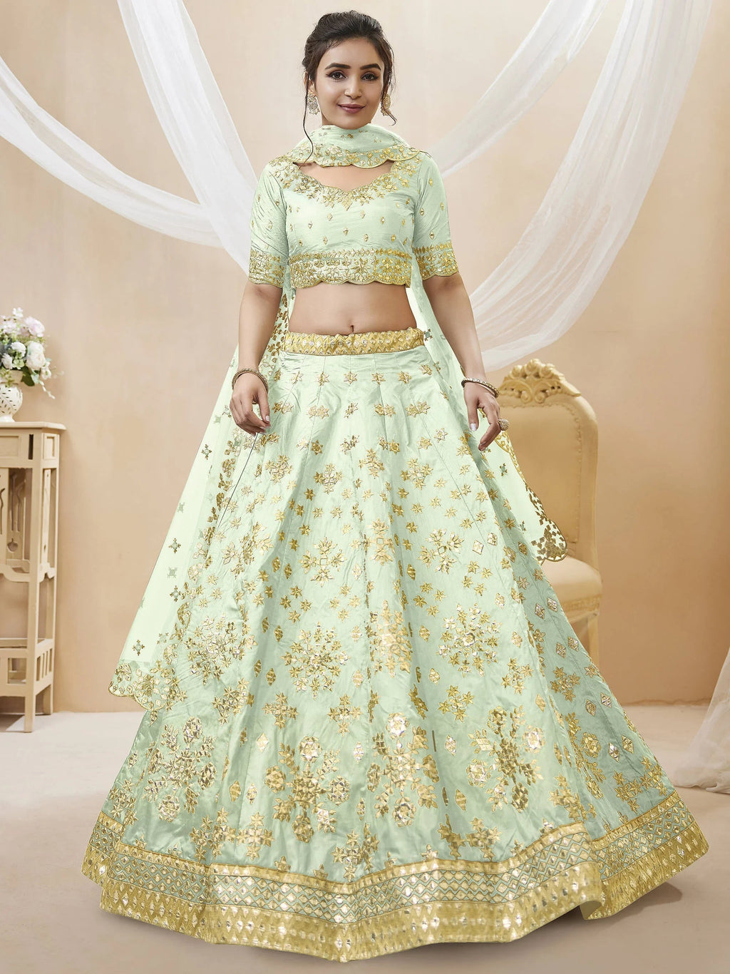 Green Pista Embroidered Art Silk Reception Wear Lehenga Choli
