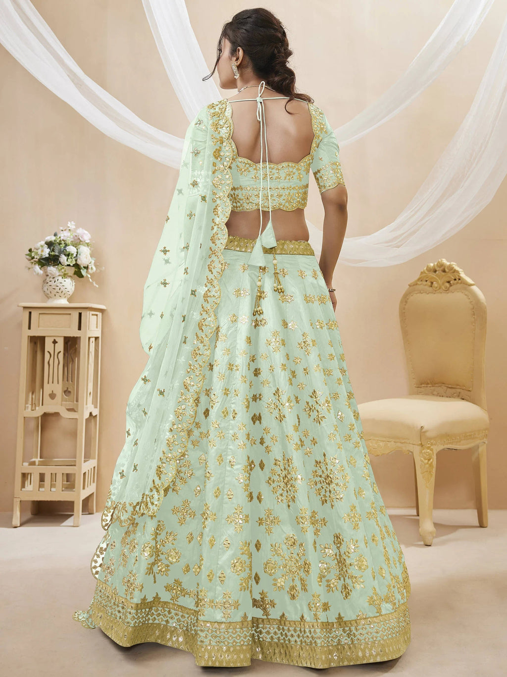 Green Pista Embroidered Art Silk Reception Wear Lehenga Choli