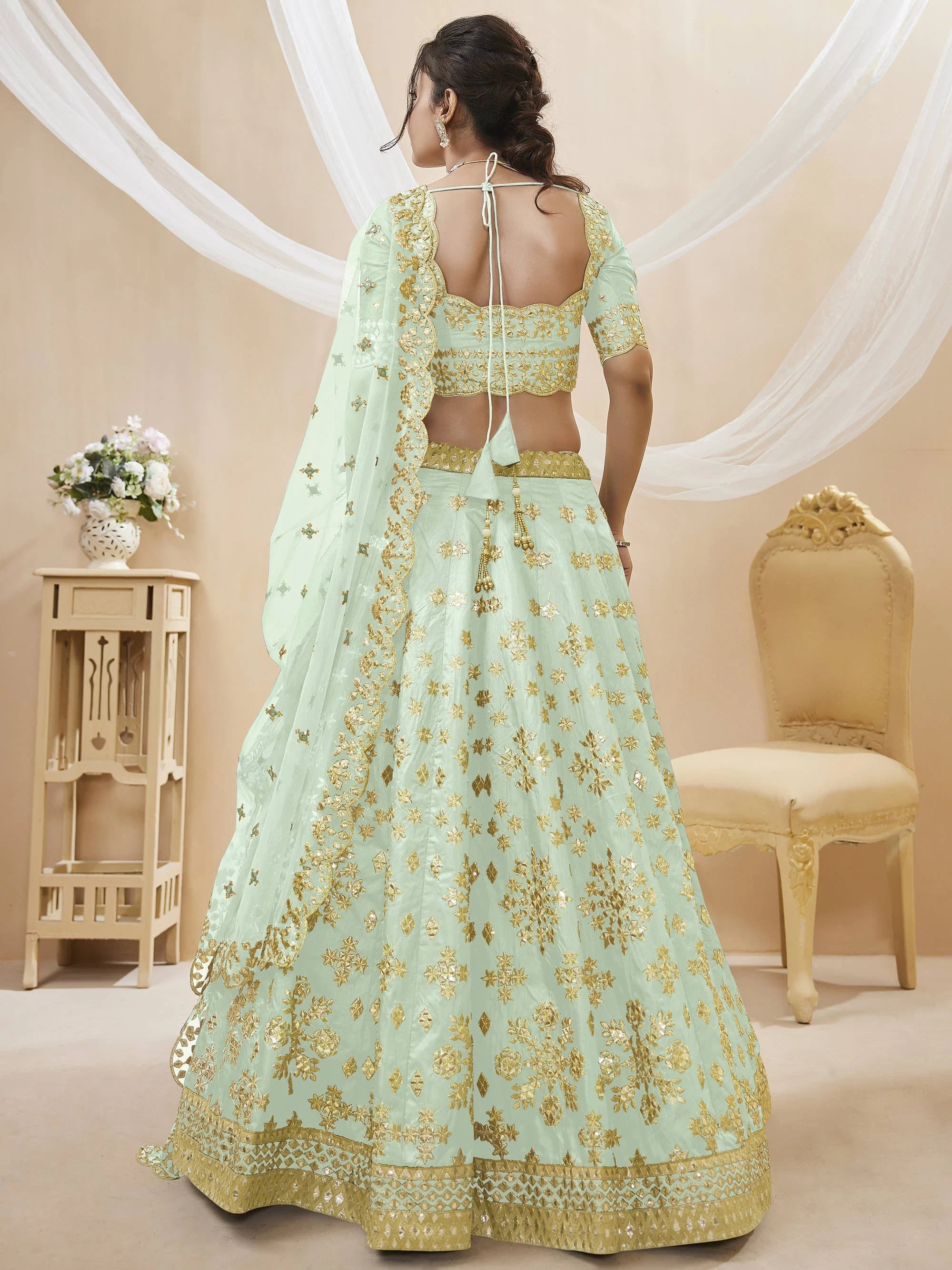 Green Pista Embroidered Art Silk Reception Wear Lehenga Choli