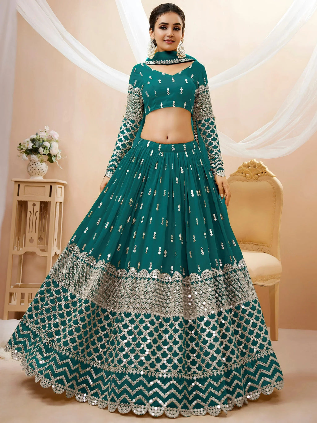 Teal Spectacular Zari Work Georgette Wedding Wear Lehenga Choli