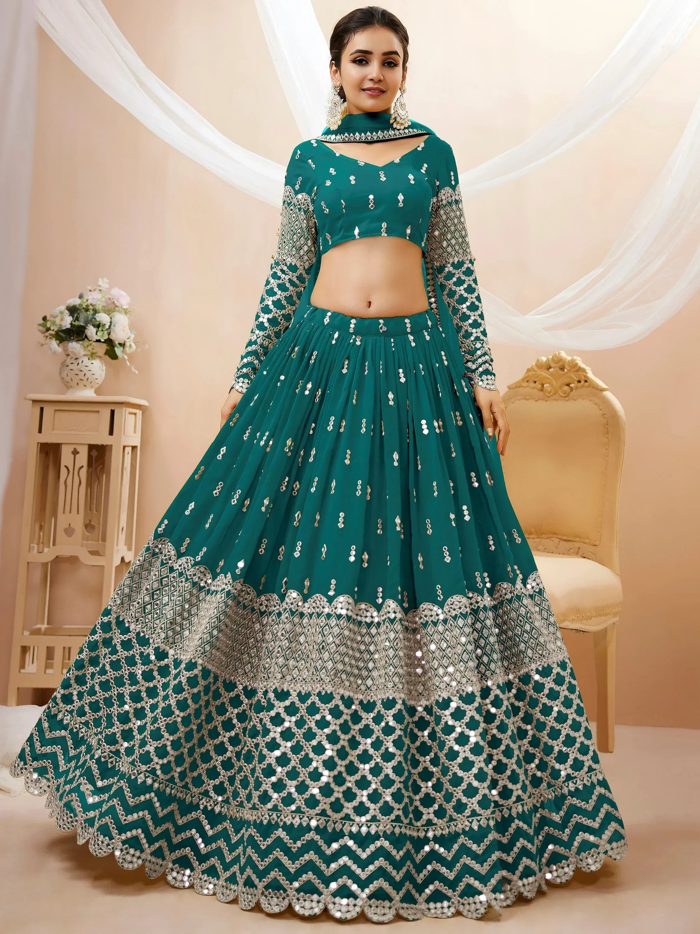 Teal Spectacular Zari Work Georgette Wedding Wear Lehenga Choli