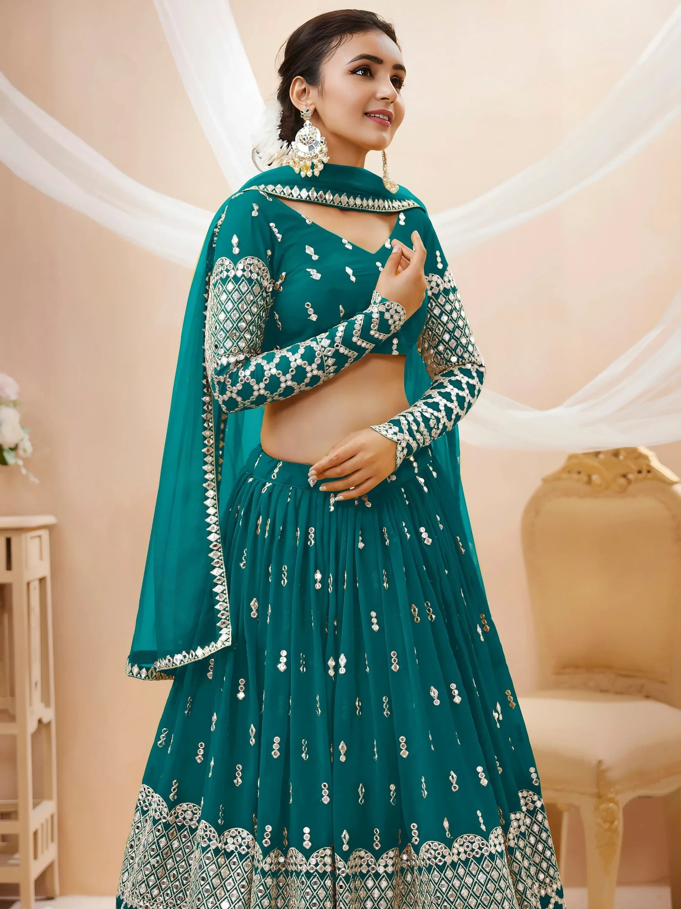 Teal Spectacular Zari Work Georgette Wedding Wear Lehenga Choli
