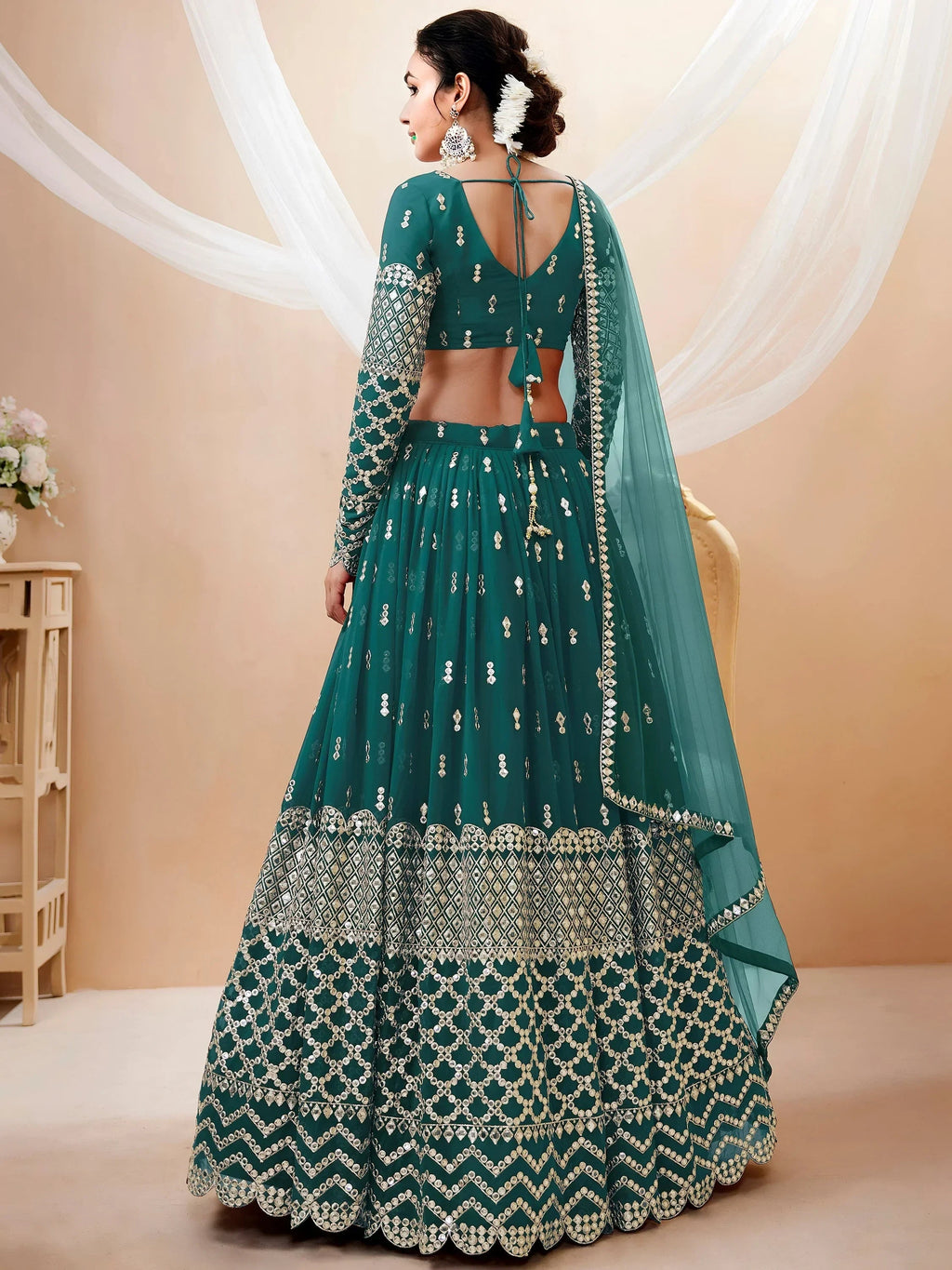 Teal Spectacular Zari Work Georgette Wedding Wear Lehenga Choli