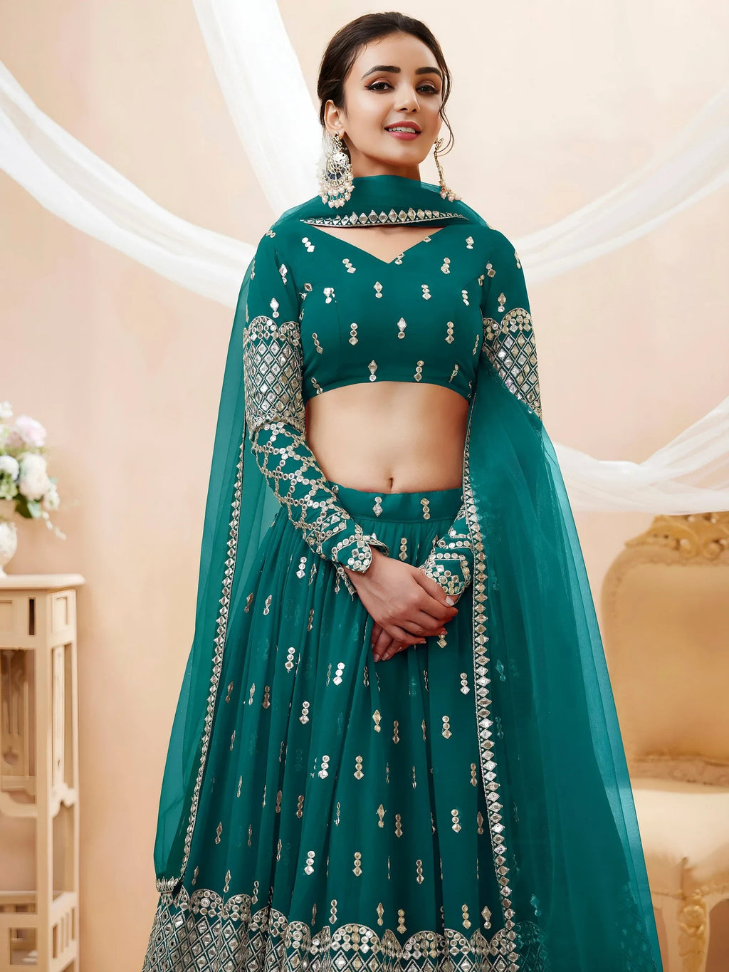 Teal Spectacular Zari Work Georgette Wedding Wear Lehenga Choli