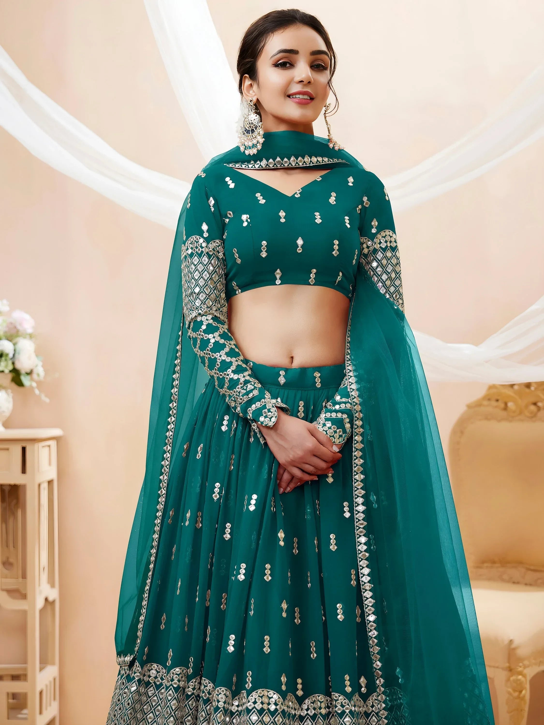 Teal Spectacular Zari Work Georgette Wedding Wear Lehenga Choli