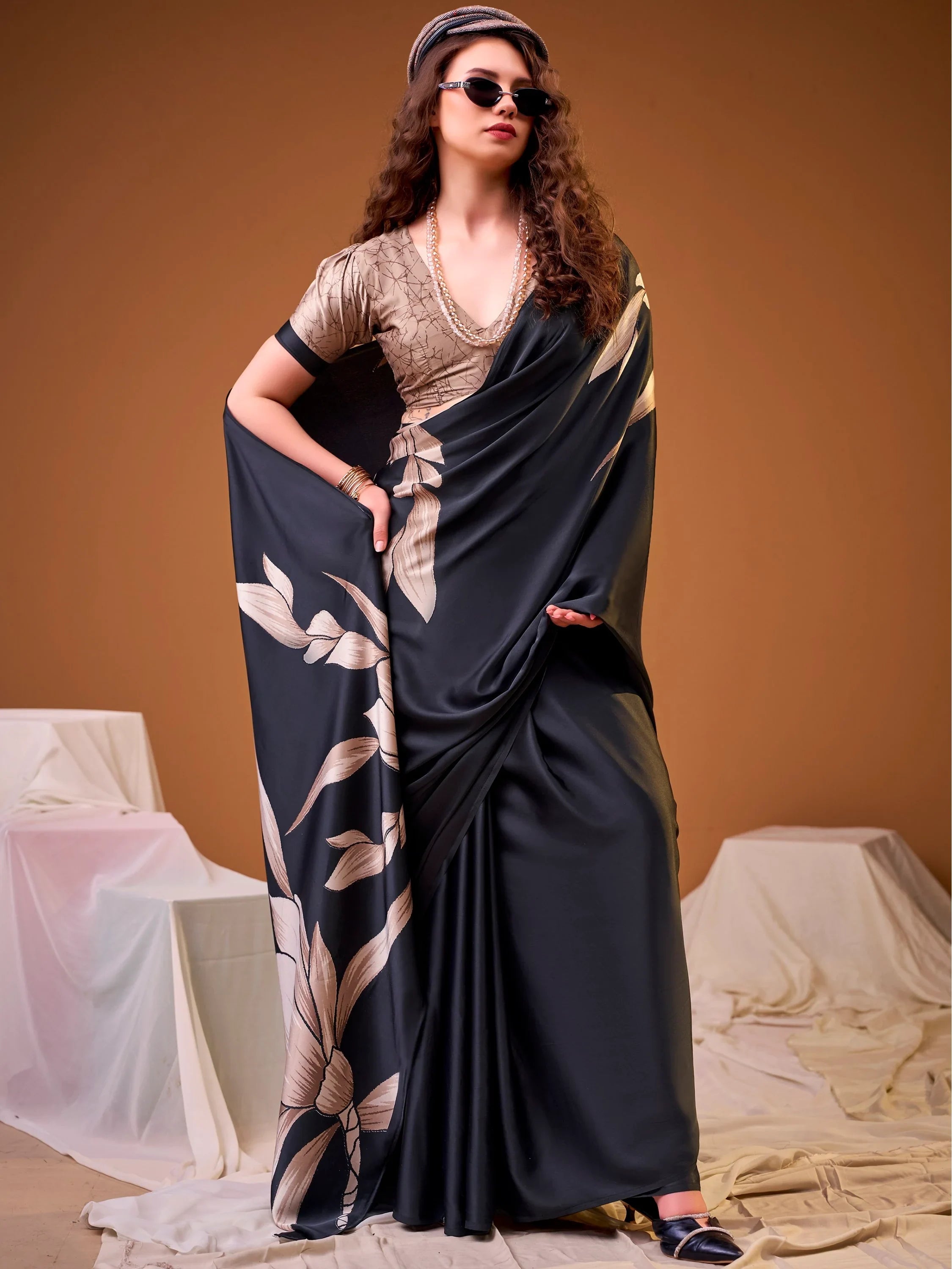 Black Marvelous Floral Printed Silk Festive Wear Saree With Blouse