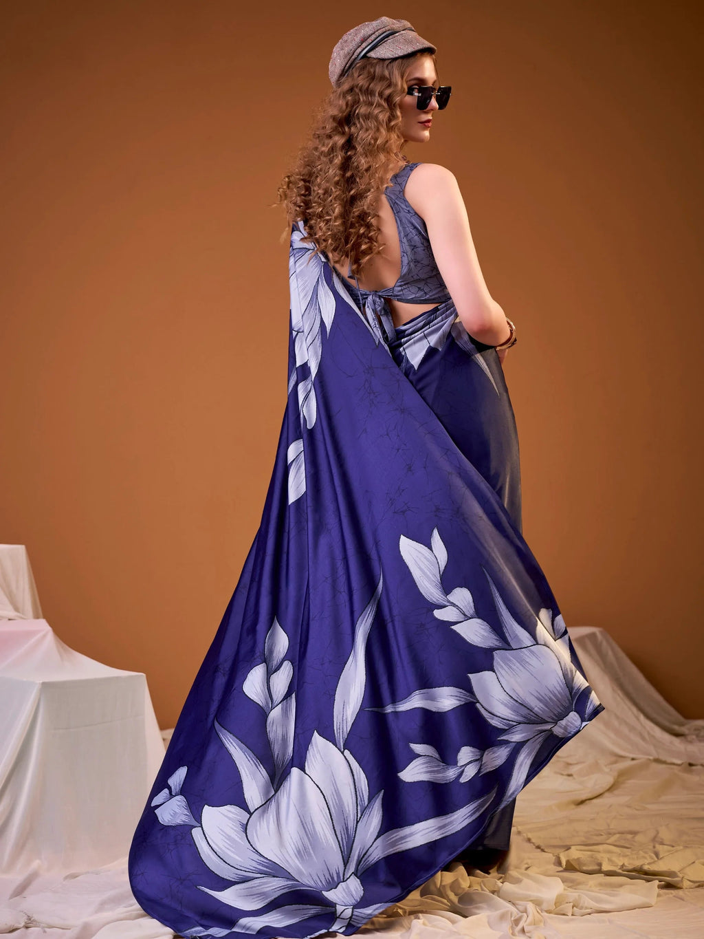 Navy Marvelous Floral Printed Silk Festive Wear Saree With Blouse