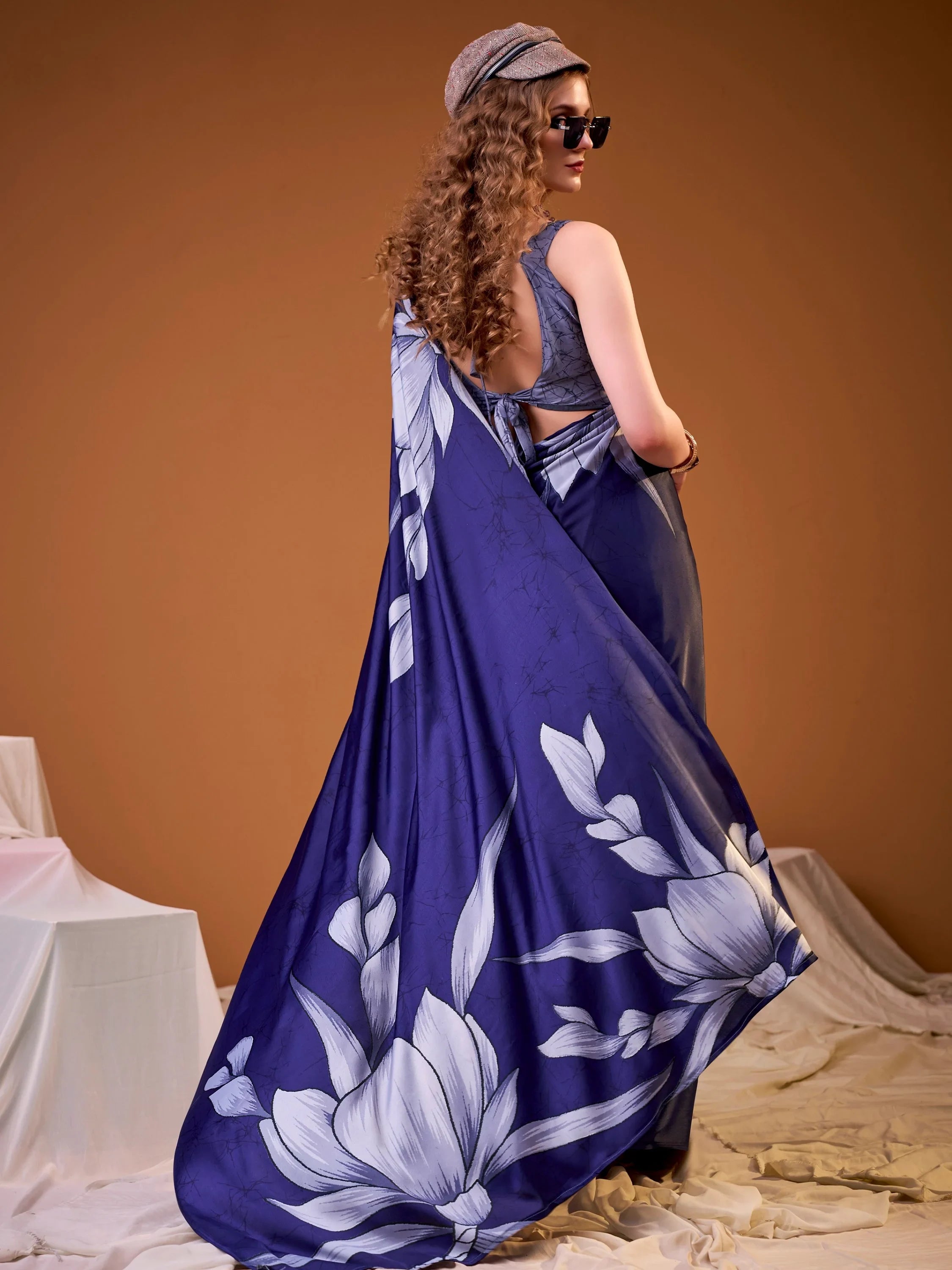 Navy Marvelous Floral Printed Silk Festive Wear Saree With Blouse
