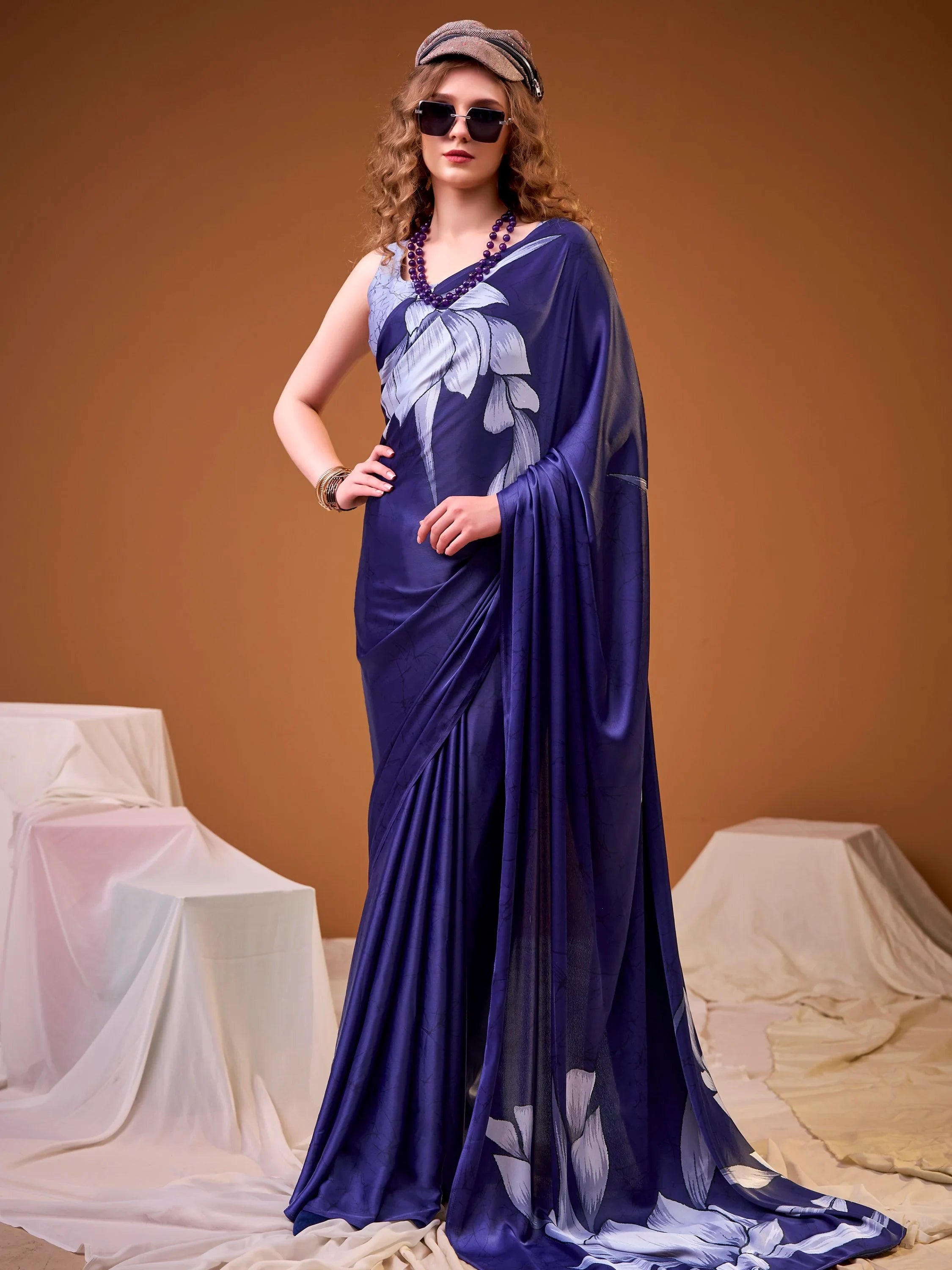 Navy Marvelous Floral Printed Silk Festive Wear Saree With Blouse