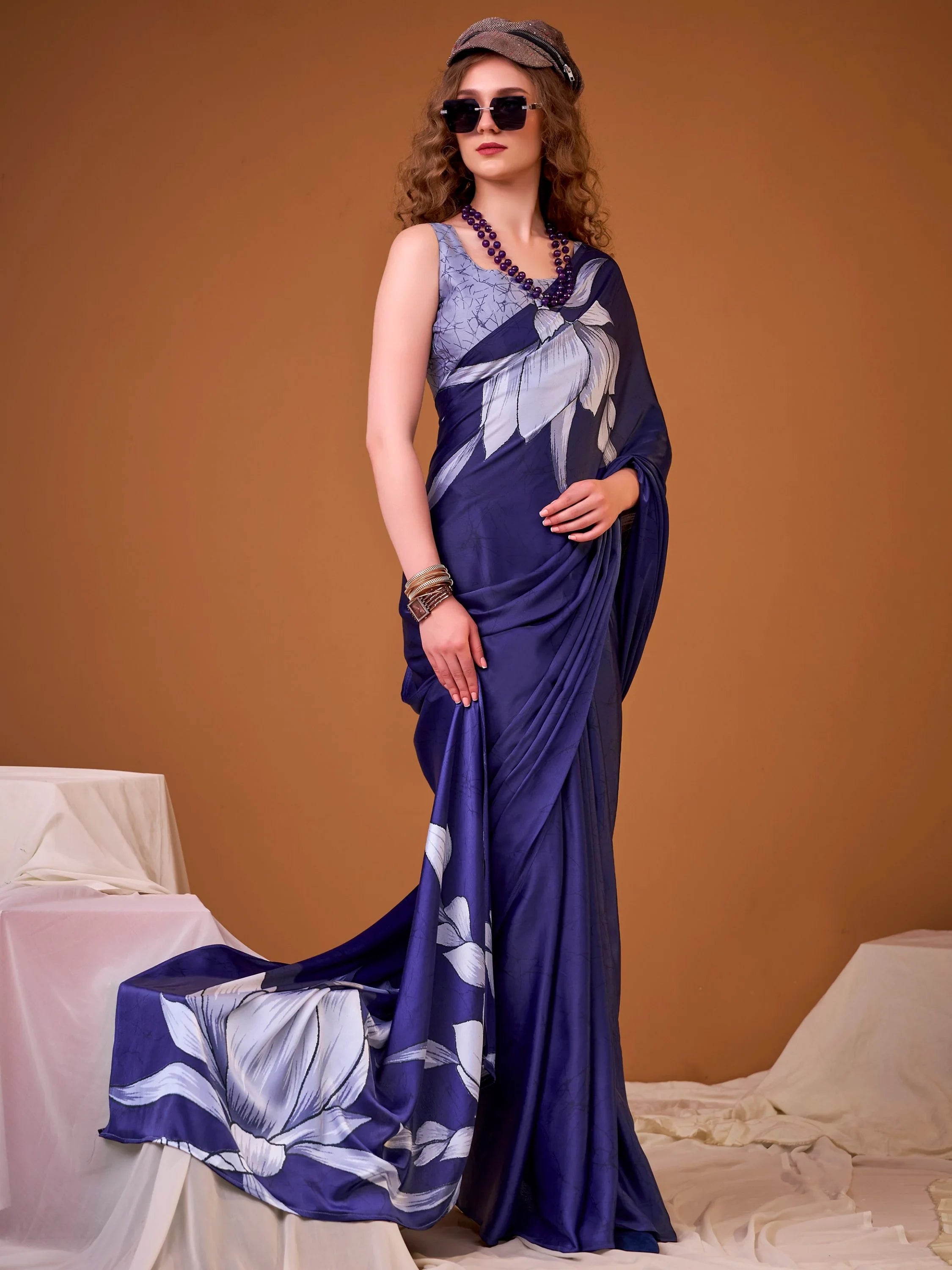 Navy Marvelous Floral Printed Silk Festive Wear Saree With Blouse