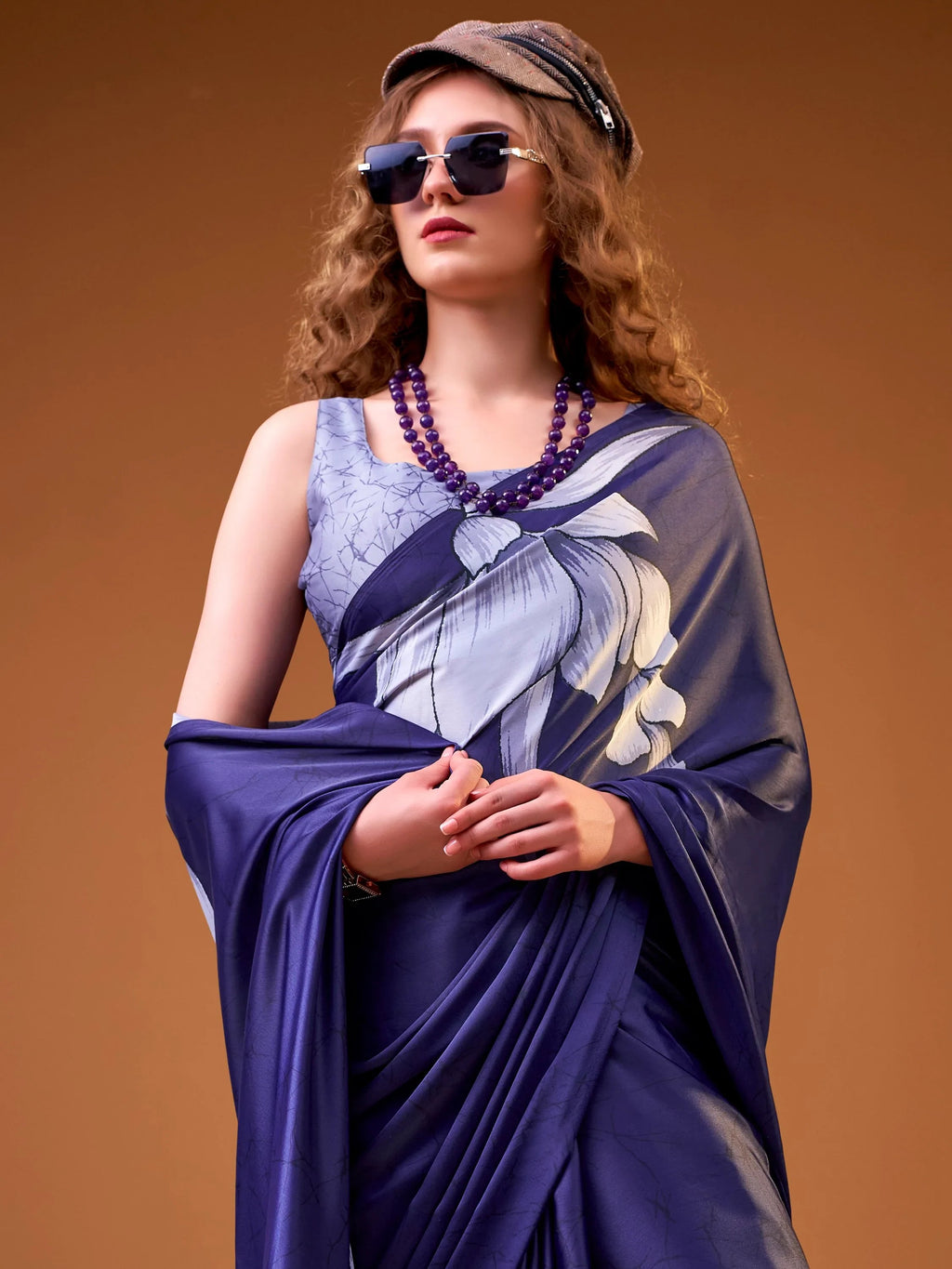 Navy Marvelous Floral Printed Silk Festive Wear Saree With Blouse