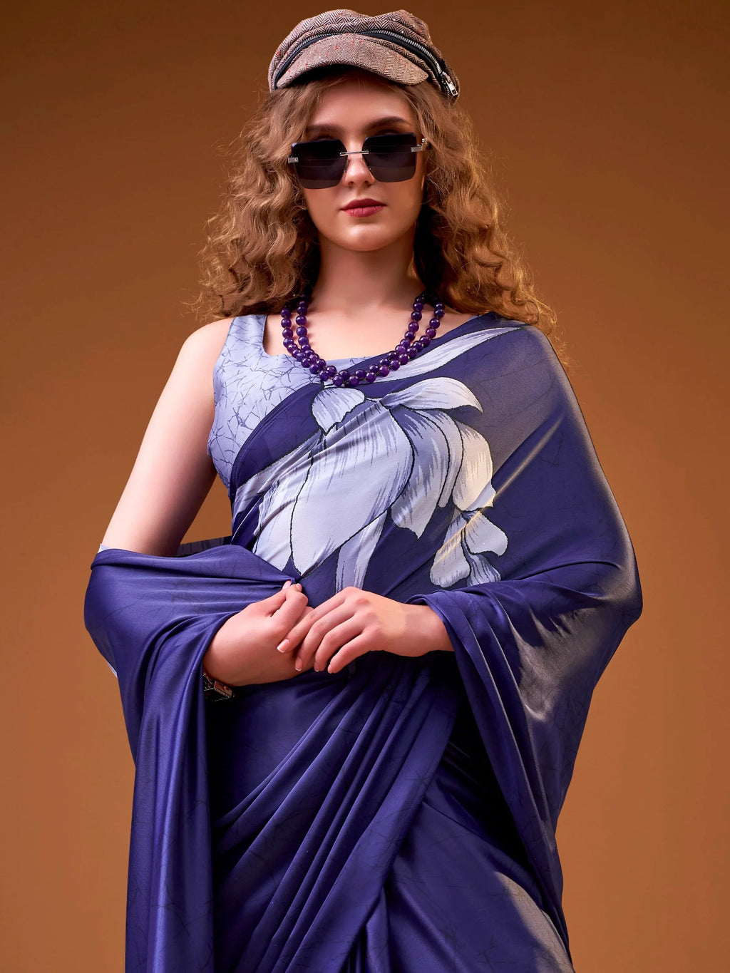 Navy Marvelous Floral Printed Silk Festive Wear Saree With Blouse