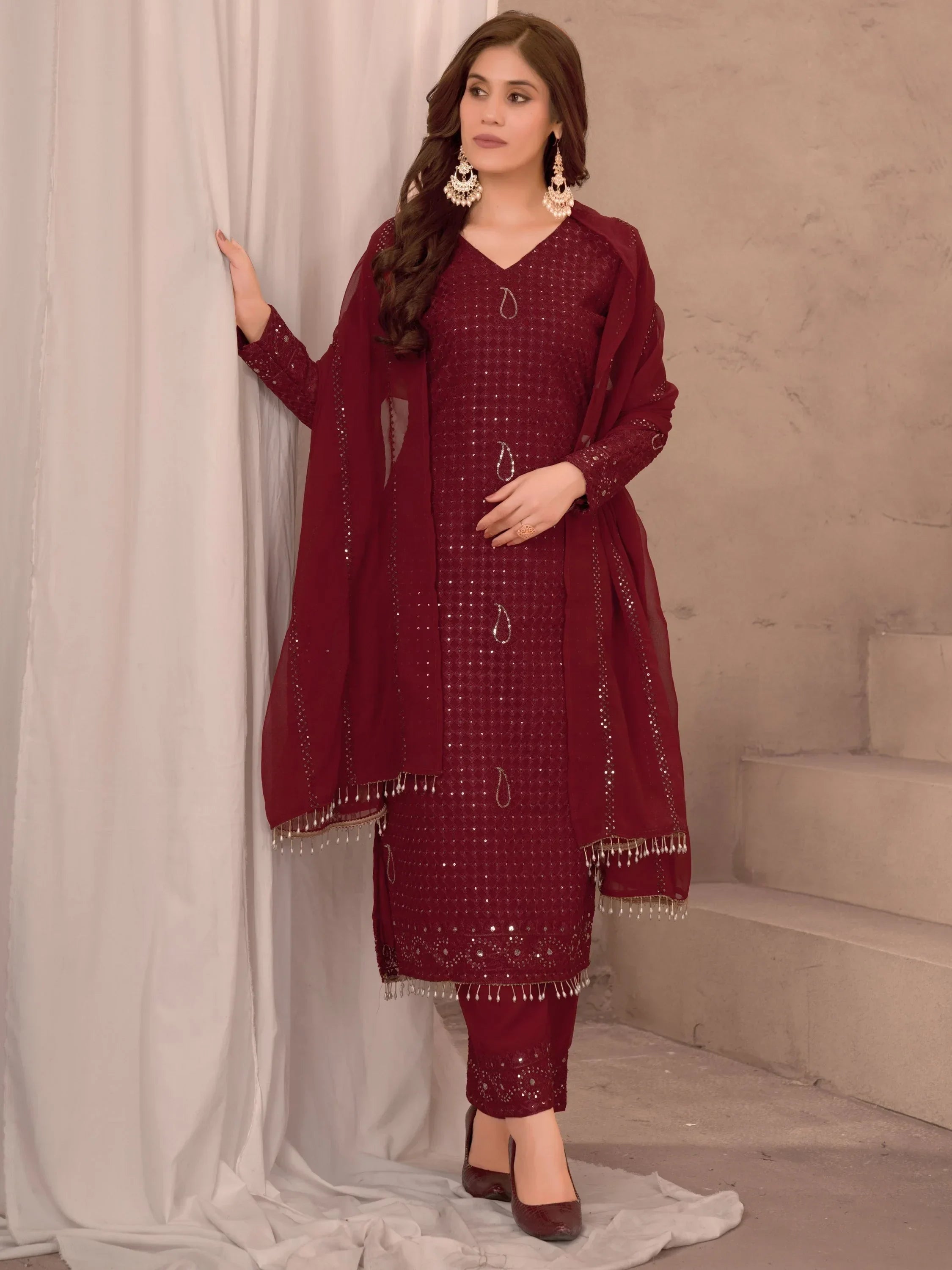Wonderful Maroon Thread Work Georgette Festive Wear Pant Suit