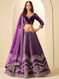 Rich Purple Heavy Embroidered Velvet Engagement Wear Lehenga With Blouse